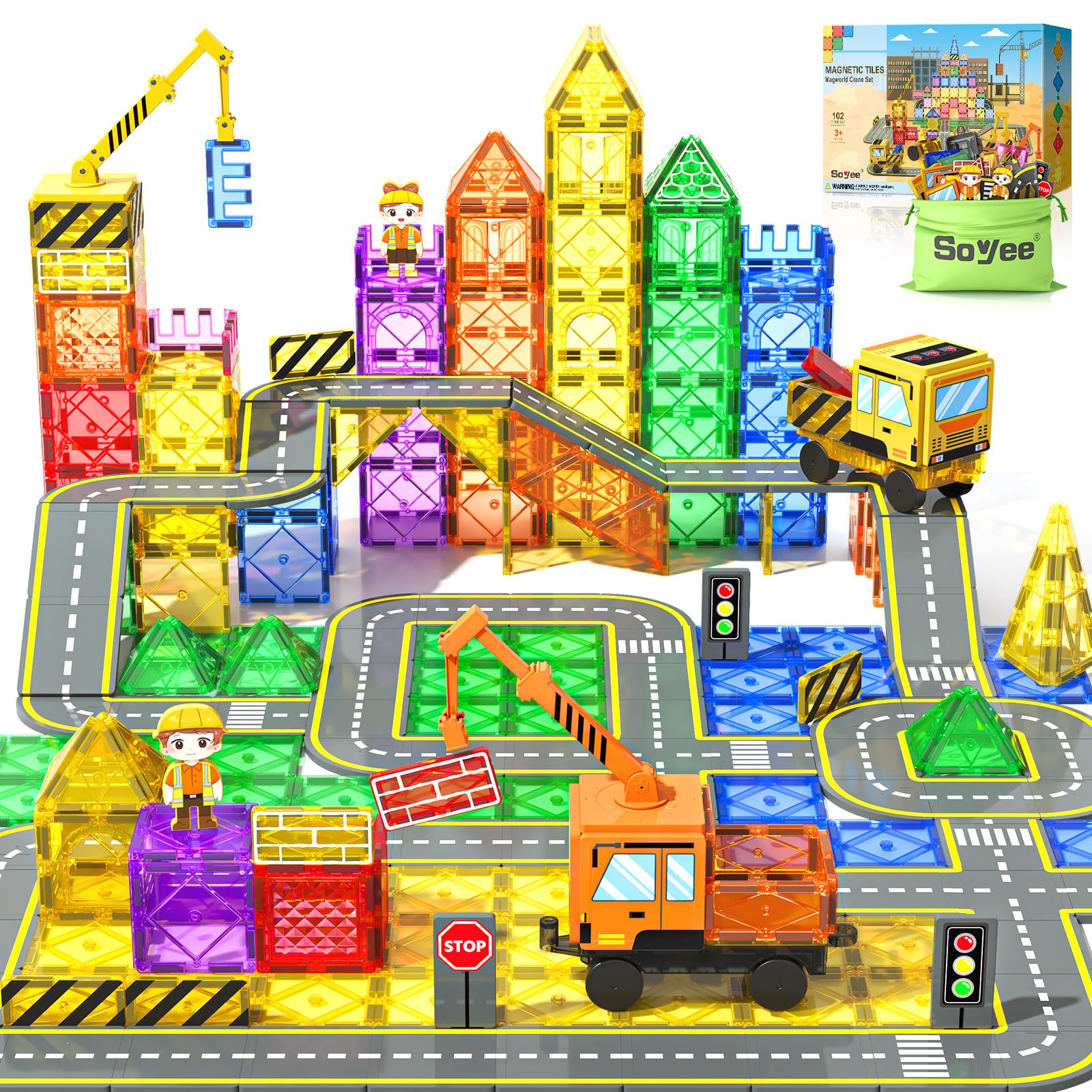 102 PCS Magnetic Tiles with 2 Cars & 2 Cranes Magnet Construction Building Kids Toys for Creative Play and STEM Learning Boys Toys & Gifts for 3-12