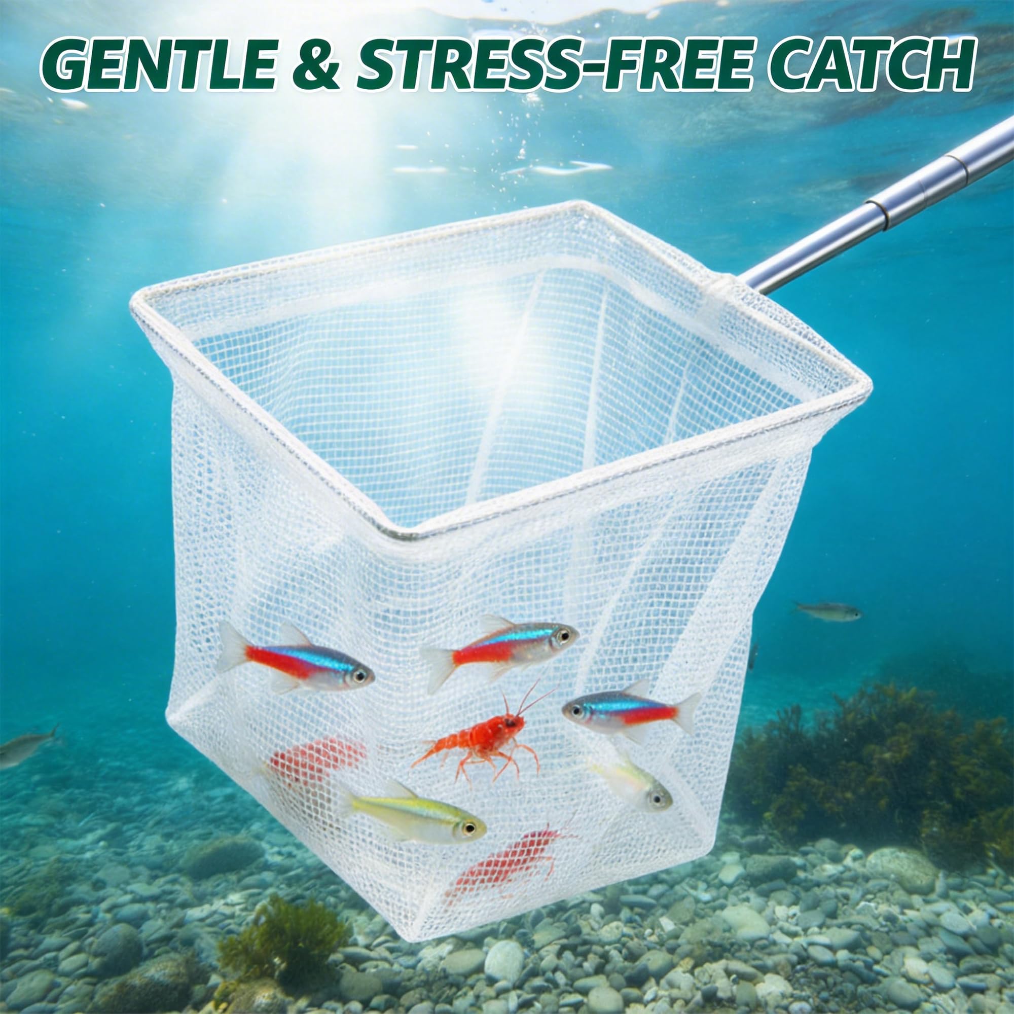 Paquet de 2 Filets de Pêche Extensibles pour Aquarium, Cadre Carré Blanc avec Manche en Acier Inoxydable Réglable (13,5cm-39cm)