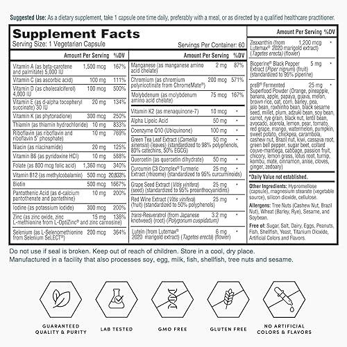 Miniatura 6 de Nature's Lab Multivitamínico One Daily - Contiene 21 vitaminas y minerales esenciales, incluyendo vitamina C, D3 y zinc, 60 cápsulas (suministro