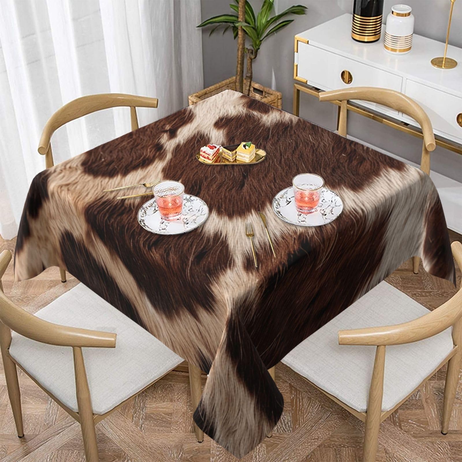WPKJU Brown Cowhide Printed Square Tablecloth 54x54 inch Water Resistant Table Cover Washable Rectangle Table Cloth for Dining Tables