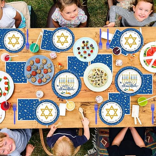 Miniatura 7 de Tevxj Juego de vajilla de Hanukkah de 96 piezas, platos y servilletas de Janucá, decoraciones de vajilla de papel desechables, suministros de fiesta