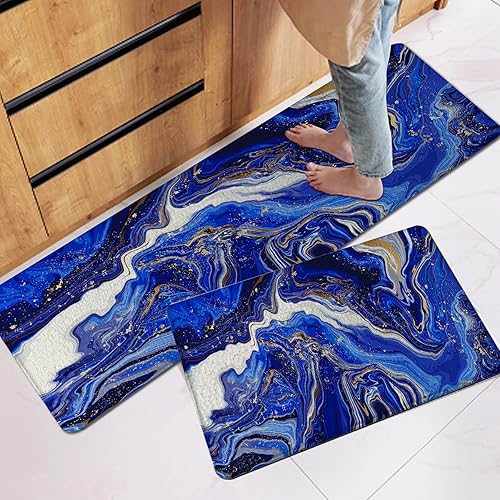 Juego de 2 tapetes de cocina de mármol azul y dorado, tapetes de cocina clásicos para piso, juego de 2 para lavandería en el hogar