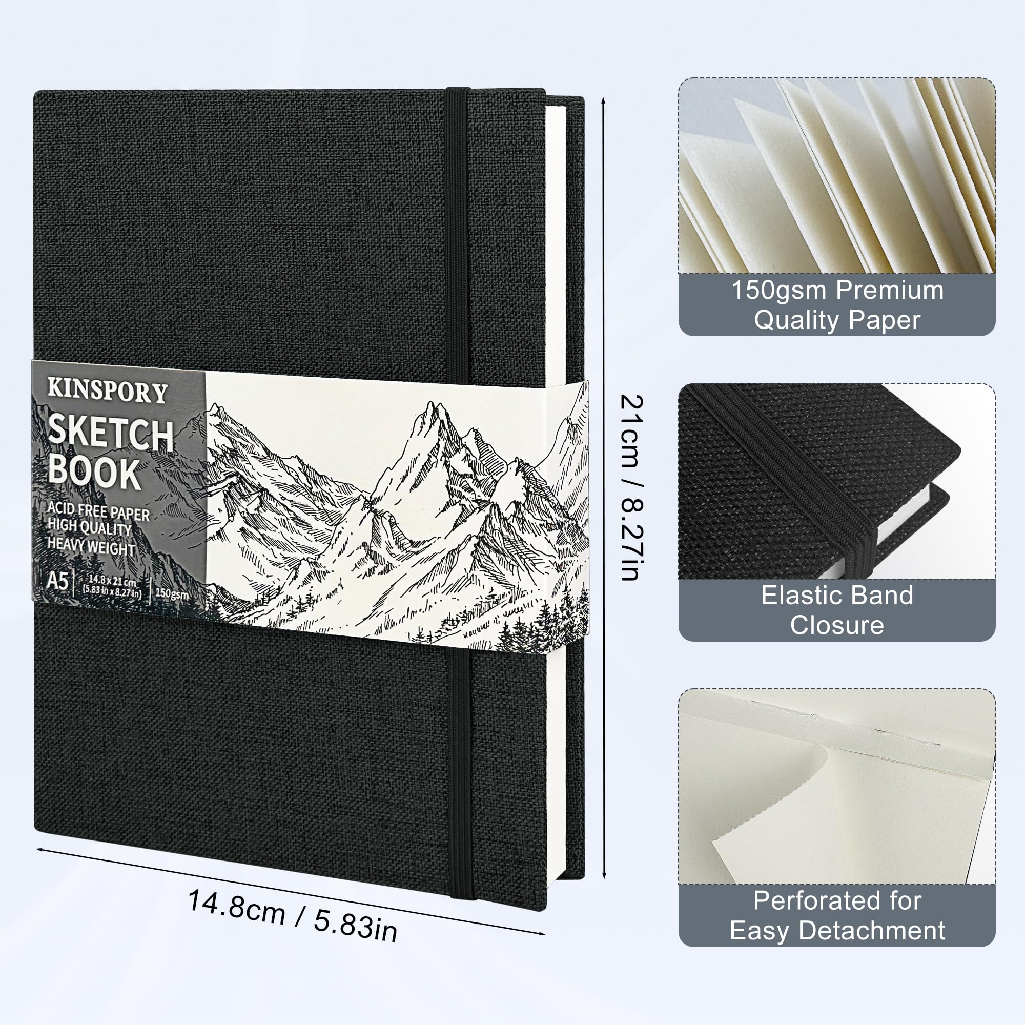 KINSPORY Cuaderno de Bocetos en Tela con Tapa Dura, Bloc de Dibujo, 50 Hojas) Papel de Boceto Perforado Profesional 150 g/m², Bloc de Dibujo de Viaje para Artistas, Adultos (negro, A5 (50 Hojas))