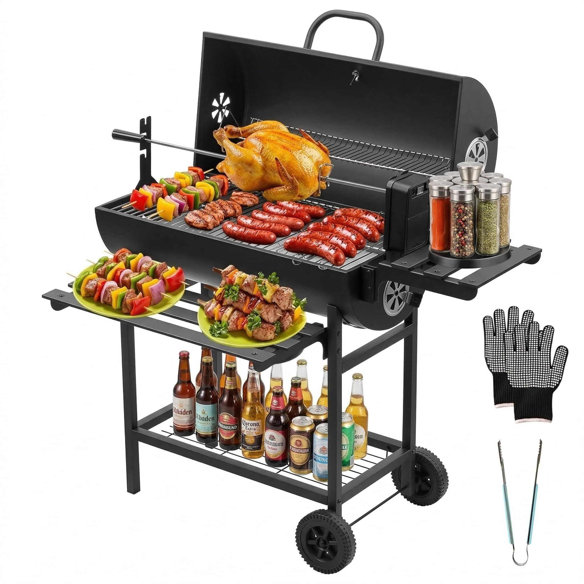 DEWINNER Barbacoa de Carbón,con tapa y termómetro,espiedo para pollo extraíble,guantes ignífugos y pinzas incluidos,ideal para jardín, terraza o camping (Modelo con rejilla para asar pollo)