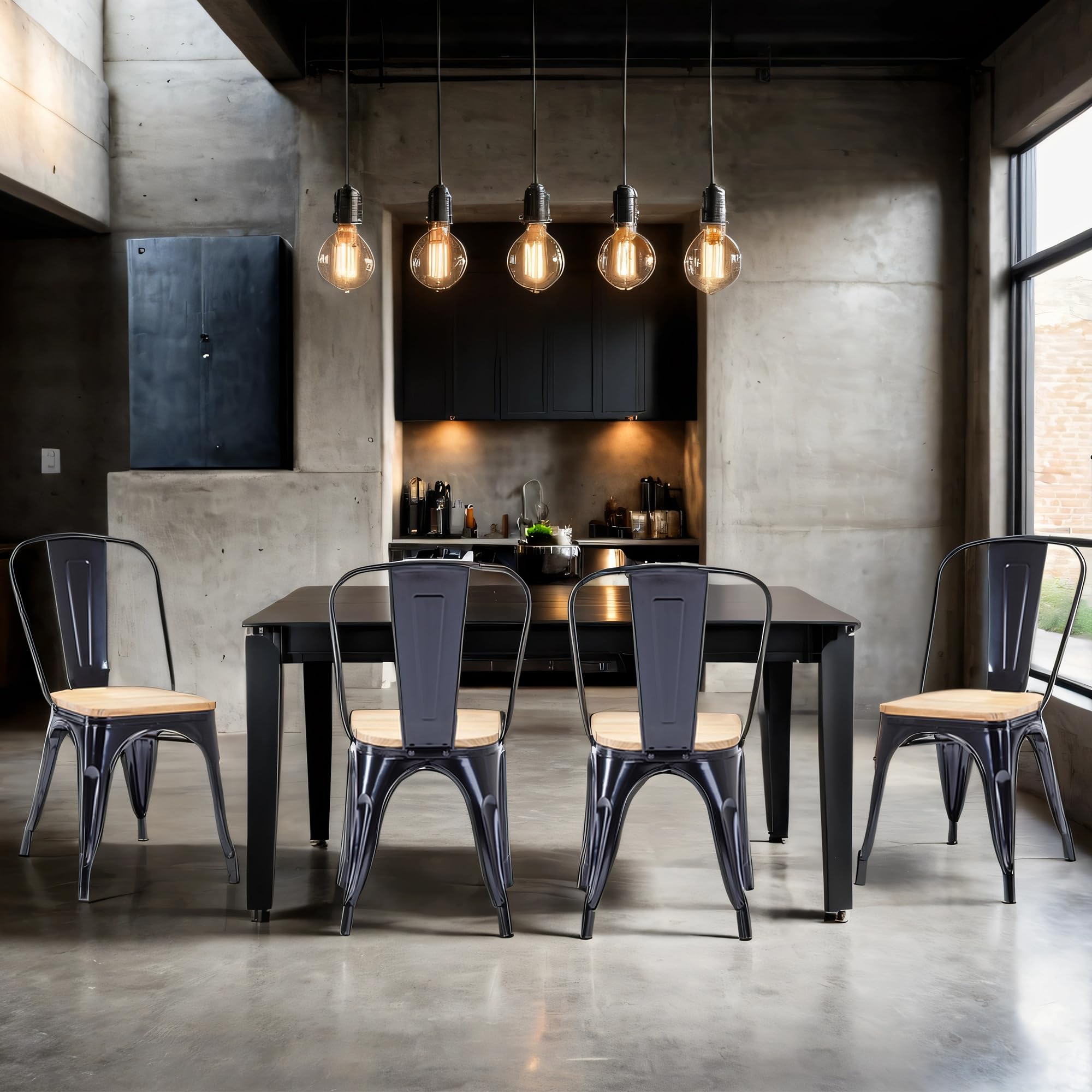 Duhome Sillas de Comedor Juego de 4 Silla Bistrot Industrial de Metal Hierro con Respaldo Estilo Vintage Taburete para Cocina Bar Café Restaurante, Negro y Madera