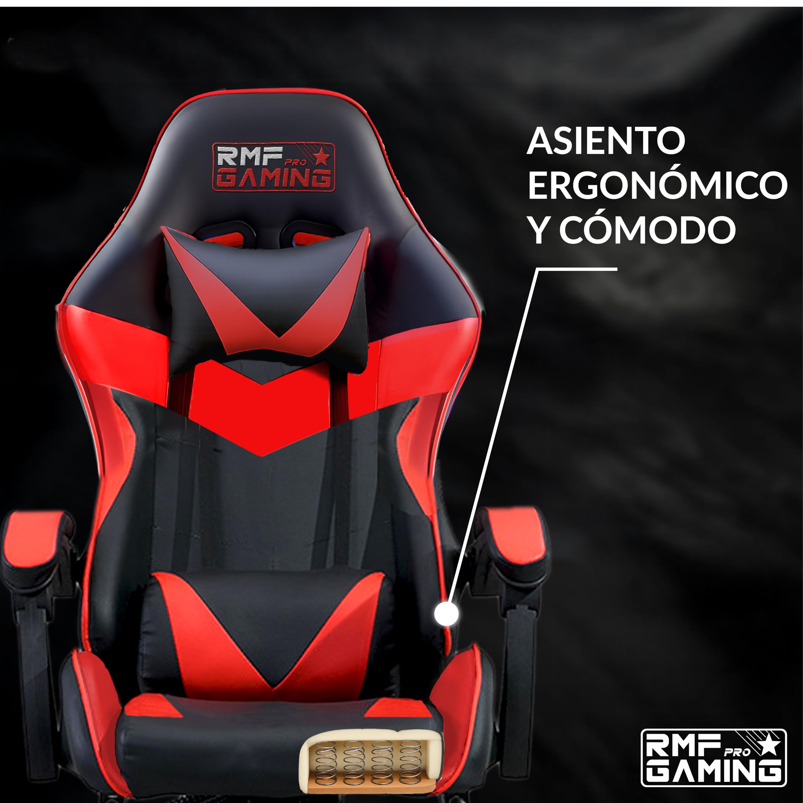 RMF Silla Gaming Profesional Ergonómica Reclinable, Sillón Gaming de Asiento Cómodo y Relajante con Reposapiés - Silla para Gamer con Ruedas Giratorias, Altura Ajustable Rojo/Negro