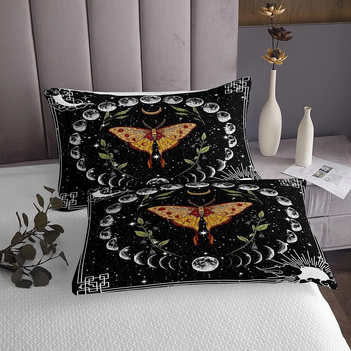Erosebridal Gothic Moth Quilt Set,Sun and Moon Coverlet Set Starry Sky Stars Bedspread Set King Constellation Bed Cover Florals Leaves Butterfly Bedroom Decor,Moon Phase Pattern Decor for Home