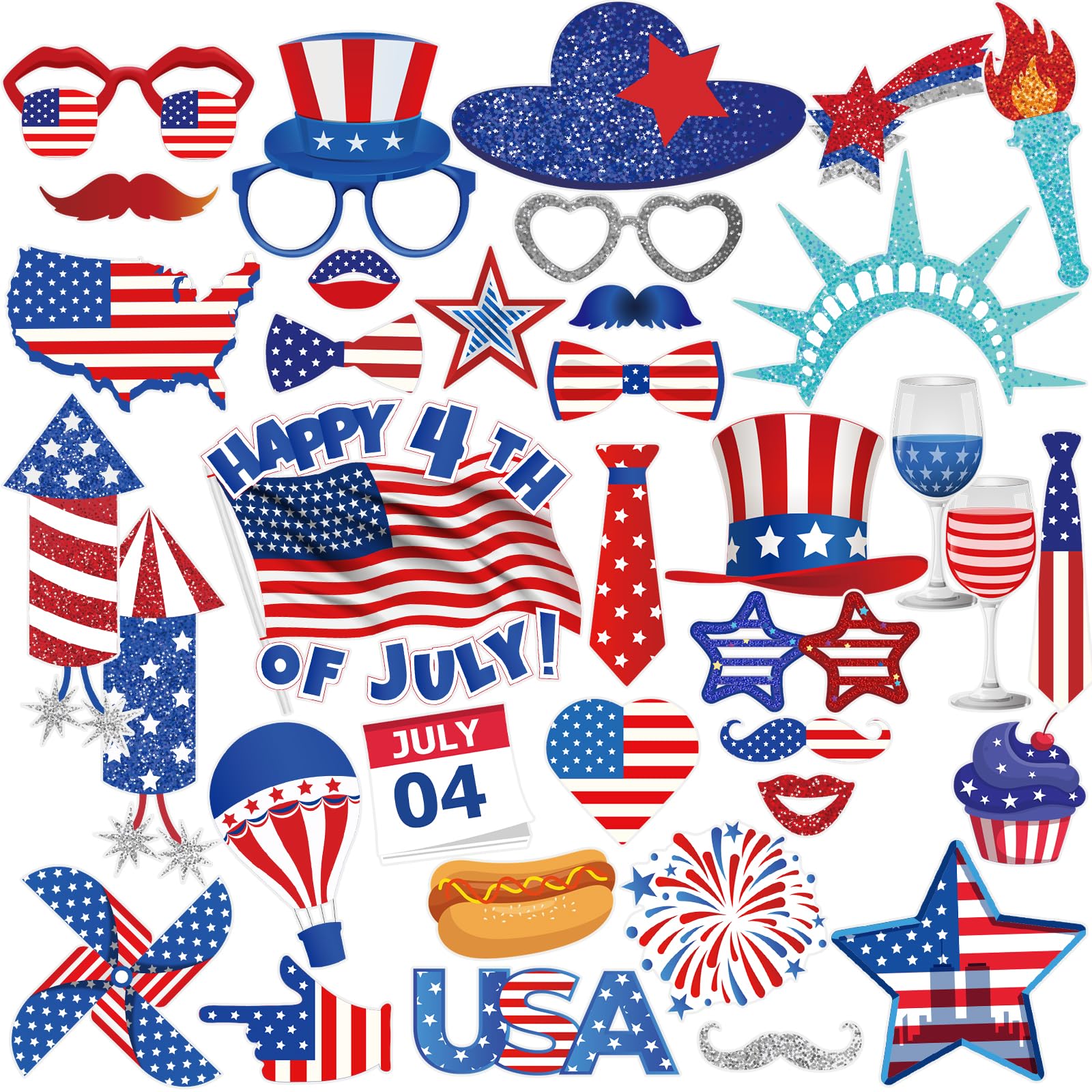 SUNBEAUTY Us 4th of July Decoration, Usa Independence Day Photo Booth Props, Blue Red Patriotic Theme