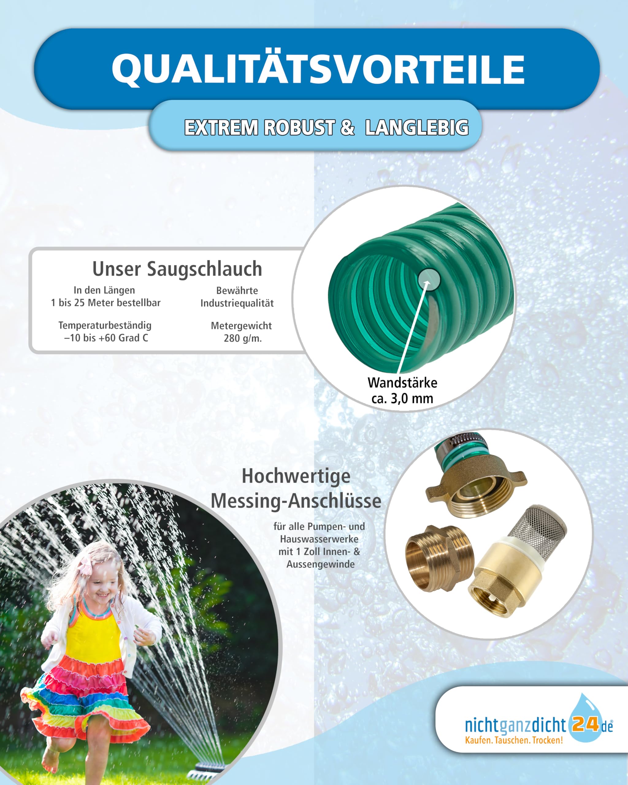 Sauggarnitur 1 Zoll 20m 1-25m Ansauggarnitur NW 25 Saugschlauch 1" Pumpenschlauch Messing Fußventil mit Rückschlagklappe (20m)
