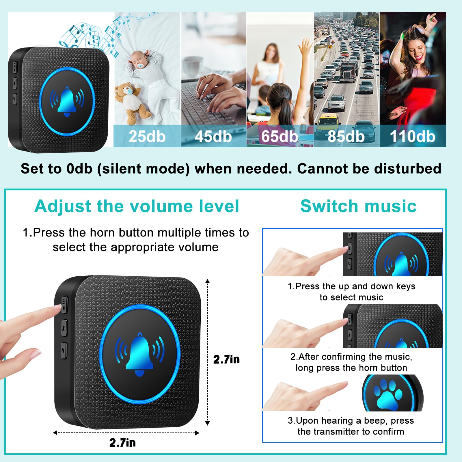 Dog Door Bell for Potty Training, Smart Wireless Doggie Doorbell to Go Outside, 1000 Feet Long Range with IP65 Waterproof Super-Light Touch Button, 60 Melodies & Adjustable Volume (2 Button) - image 6