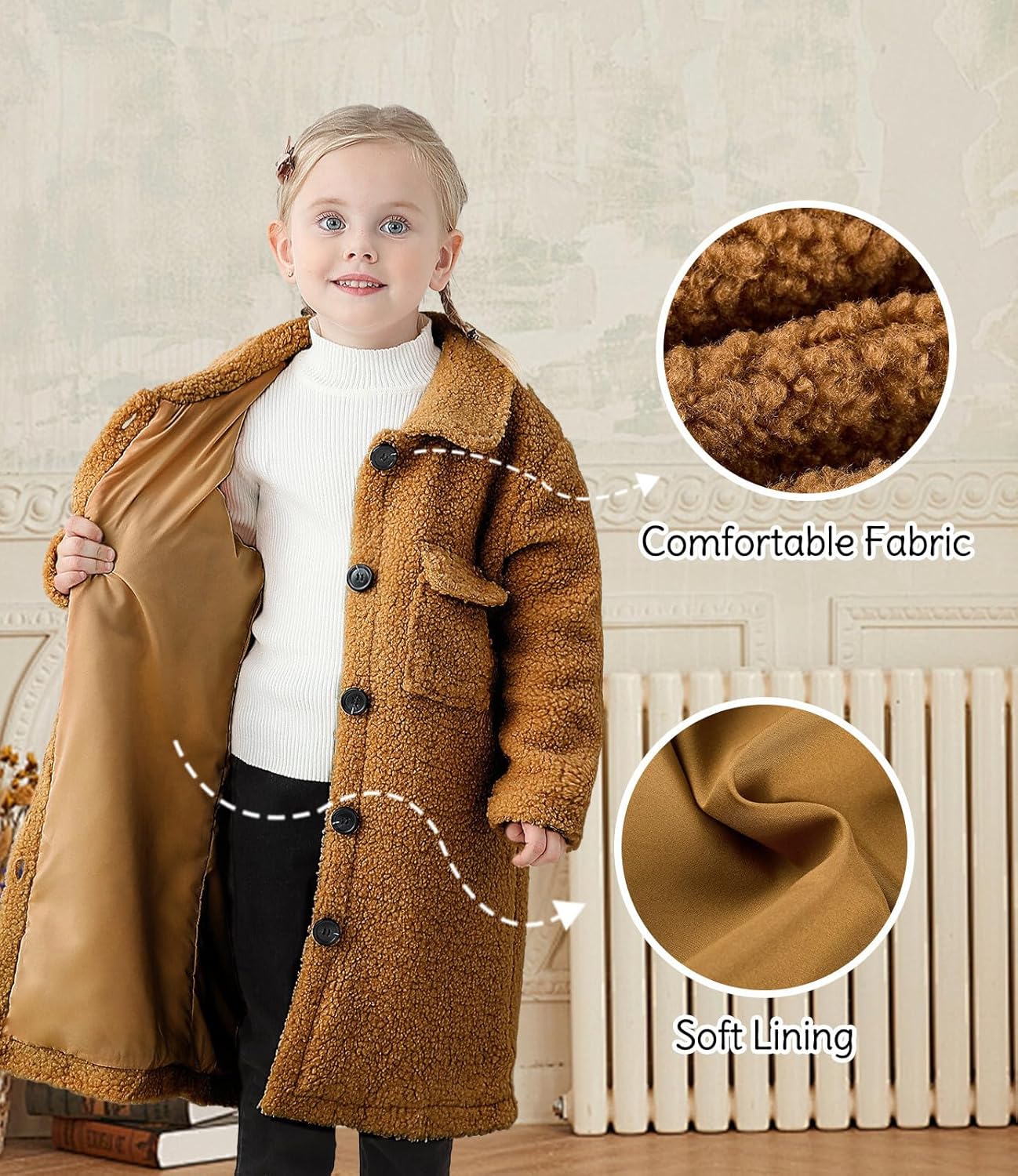 Long Coat for Girls Fleece Jackets 4-7 Years Knee-Length Lightweight Coats - Image 5