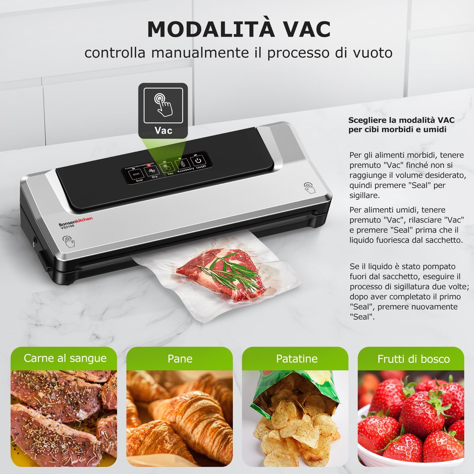 Bonsenkitchen Macchina Sottovuoto per Alimenti 4 in 1 - Macchina Sottovuoto per La Cottura Sottovuoto e La Conservazione di Alimenti Freschi, Con Modalità Vuoto Esterno, con 5 sacchetti sottovuoto