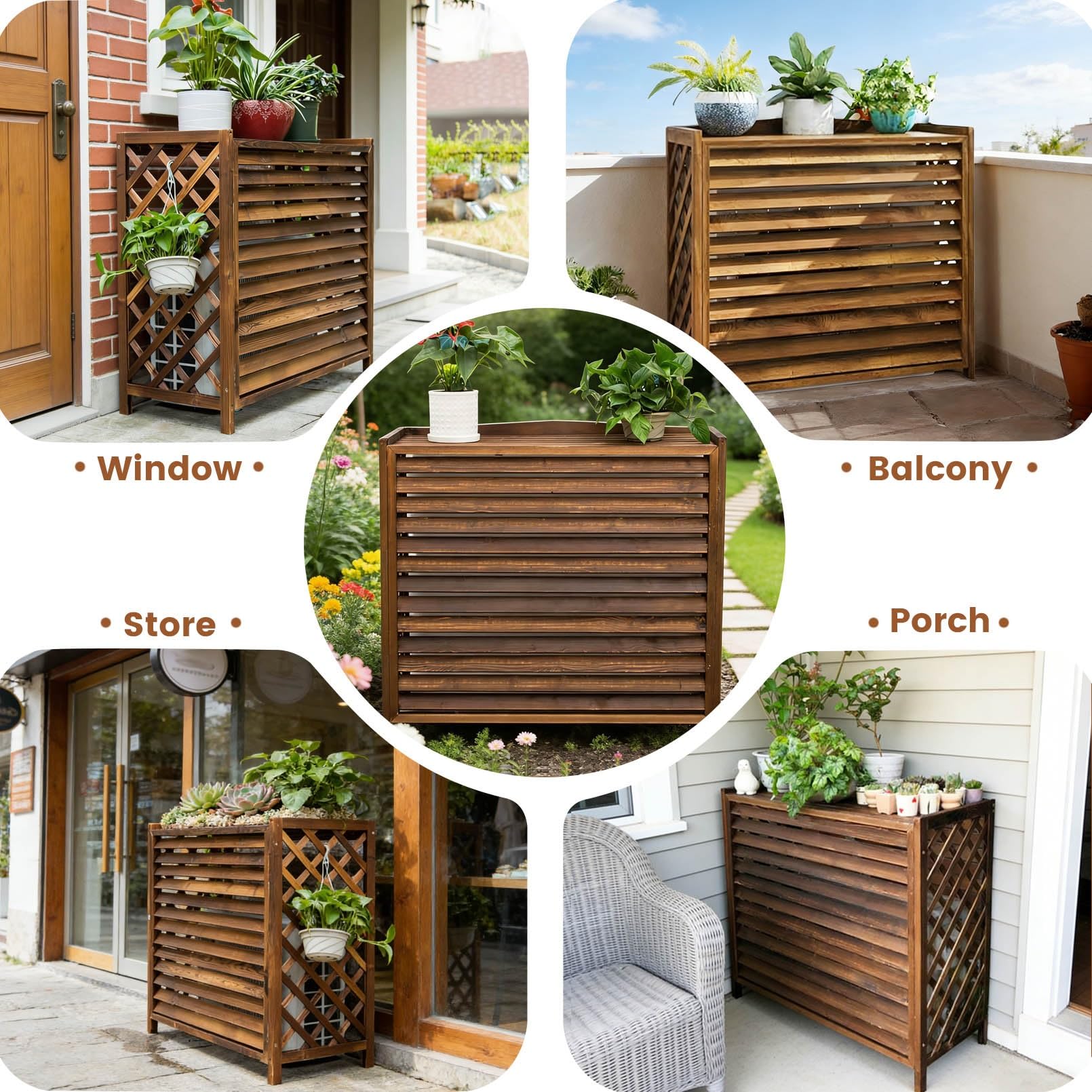 Cache Pompe a Chaleur Extérieur Bois Cache Climatiseur Extérieur Marron Support De Climatiseur En Bois Jardin Housse Pompe a Chaleur Conception Cachée De Climatisation Décoration Balcon(110x50x85cm)