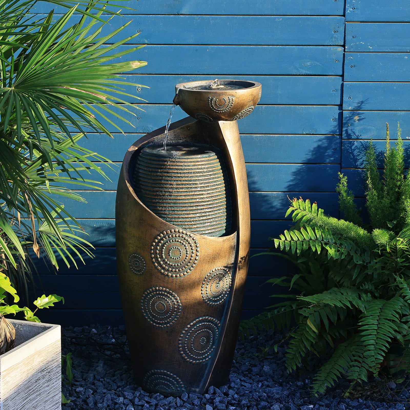 Tankana Indoor Water Fountain Feature Outdoor Garden Large Jar Floor Standing Fountain Waterfall with LED Light & Pump for Home Decor Office Yard Patio Pool Deck Porch, Goldish-Bronze