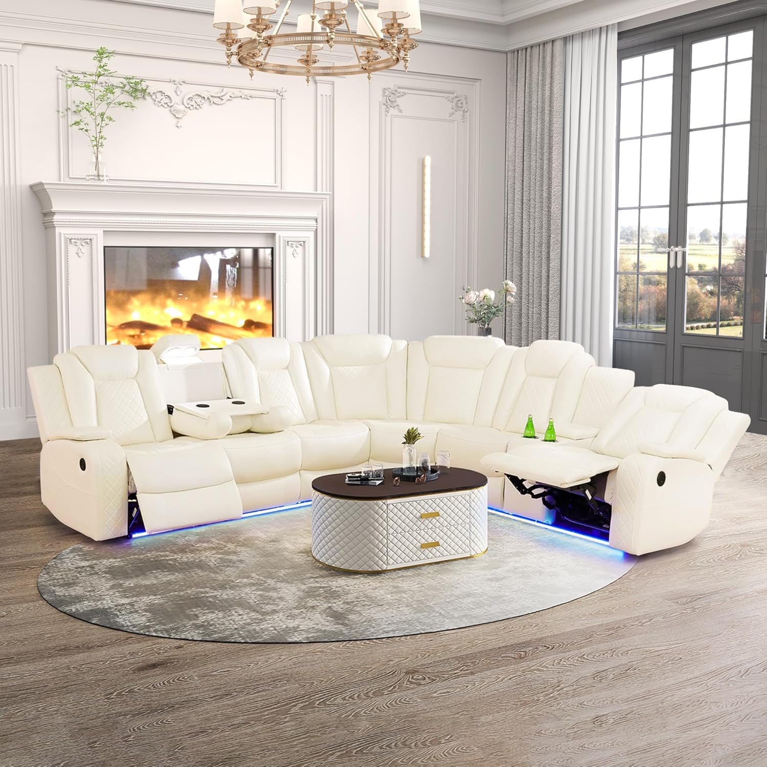 Leather Power Recliner Sectional Sofa with LED, Power Reclining Sectional Couch, Breathing Leather Sofa Couch with USB Port&Cup Holder for Living Room (Living Room Set,Cream White)
