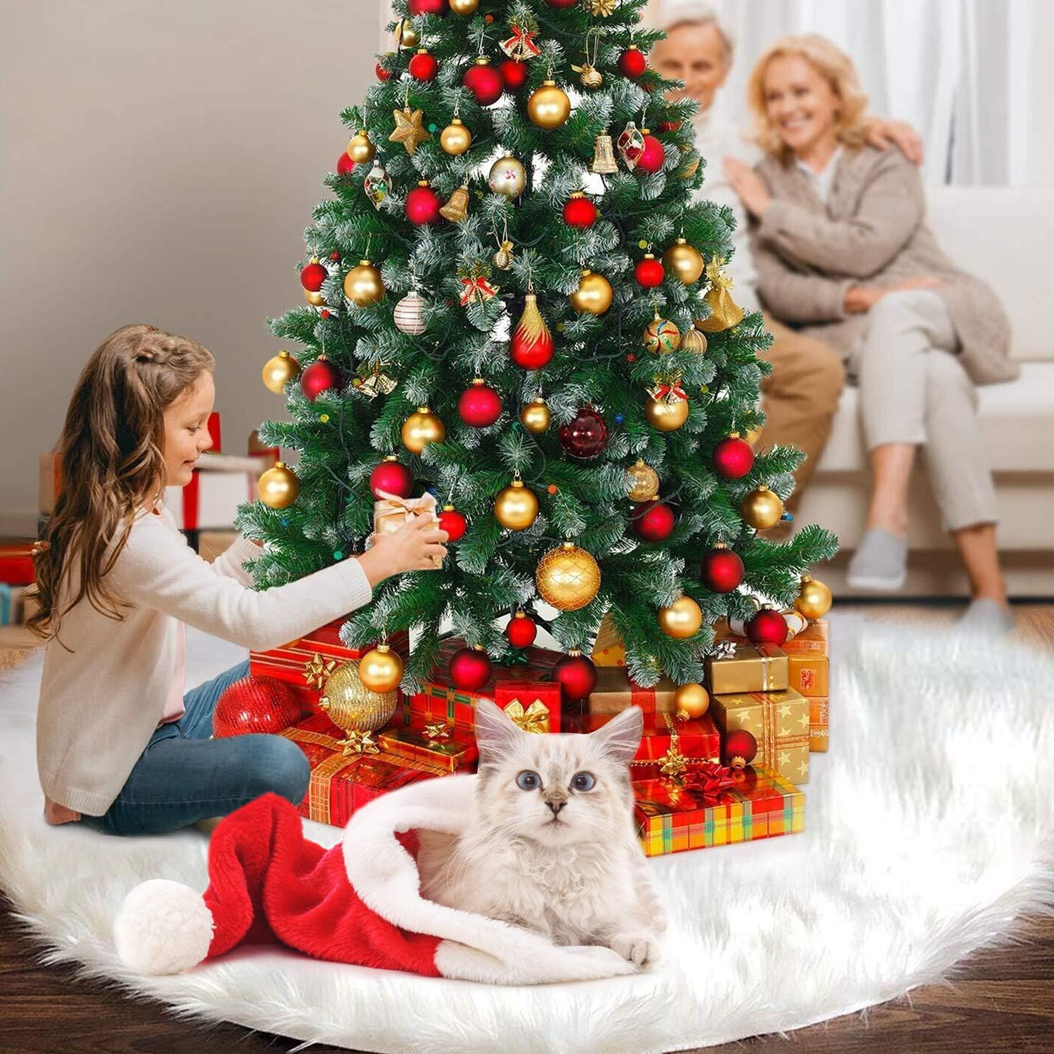 FISHOAKY Xmas Tree Skirt, 48 inch 122CM Plush Fur Christmas Tree Skirt Fluffy White Snow Christmas Tree Base Covers for Merry Christmas Indoor Outdoor Home Xmas Holiday Party Decor