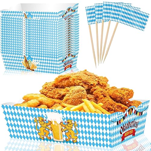 100Pcs Oktoberfest Decorations, 50 Oktoberfest Food Trays with 50 Toothpick