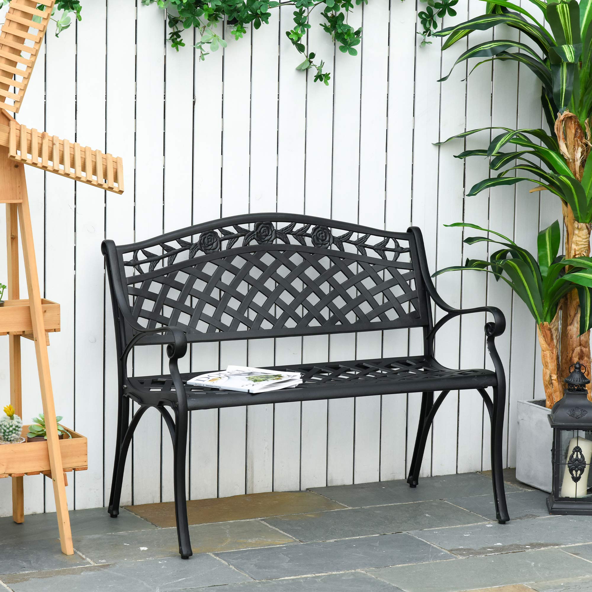 Outsunny 2-Sitzer Sitzbank Wetterfest Gartenbank Schwarz 102,5x61x84 cm | Alu, Mit Armlehnen, Landhausstil, Metallbank, Bank