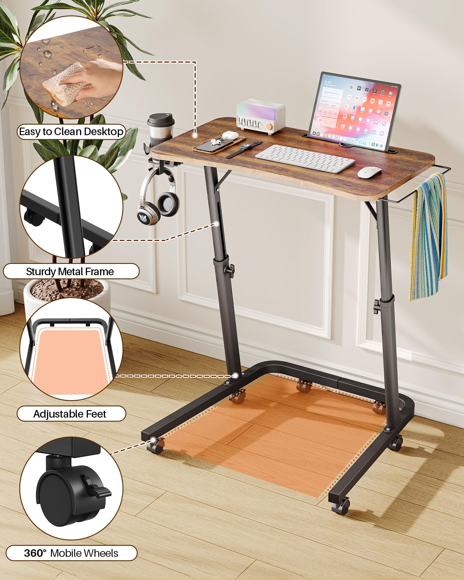 Tavolo da allenamento a rulli per bicicletta con regolazione in altezza e ruote, comodino e tavolo per computer portatile, regolabile in altezza, per uso interno e tapis roulant con portabibite e