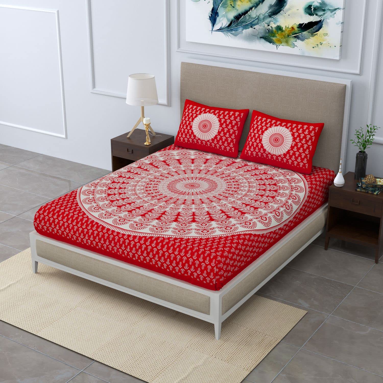 Rangun Red Color Pure Cotton Jaipuri Traditional Double Bedsheet with 2 Pillow Cover(105_Red_89)