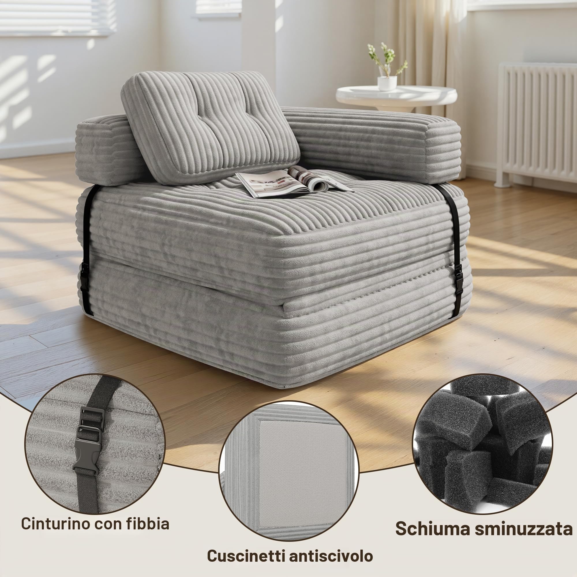 Xbro Divano Letto Pieghevole Singolo Compatto in Velluto a Coste con Poggiatesta a L, Poltrona Letto Salvaspazio per Soggiorno Ufficio Ospiti, 85x85-170x85 cm, Grigio Chiaro