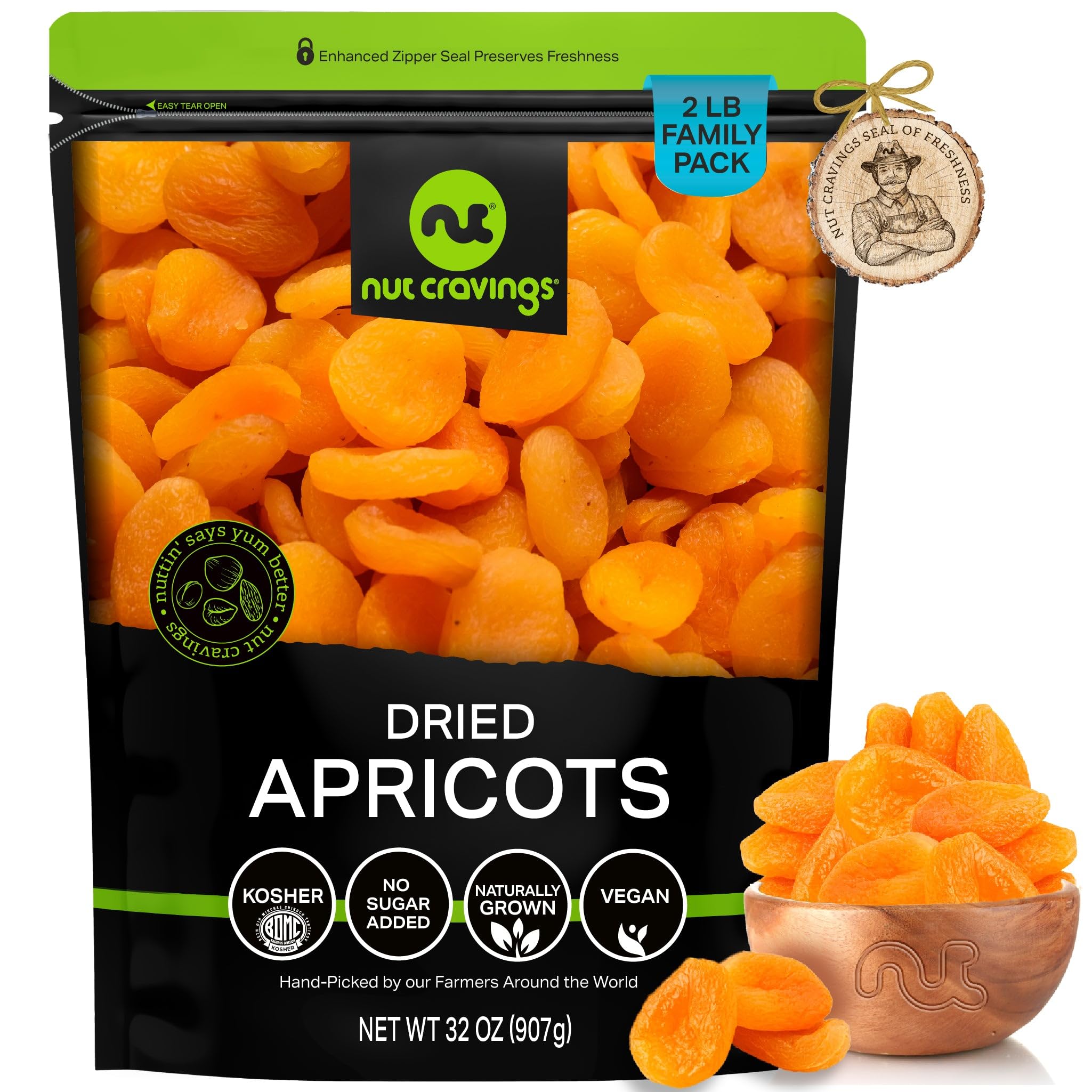 NUT CRAVINGS - Sun Dried Turkish Apricots, No Sugar Added, Unsweetened (32oz, 2 LB) Bulk Dry Fruits Packed Fresh in Resealable Bag - Sweet Healthy Snack, Naturally Grown, Vegan, Kosher
