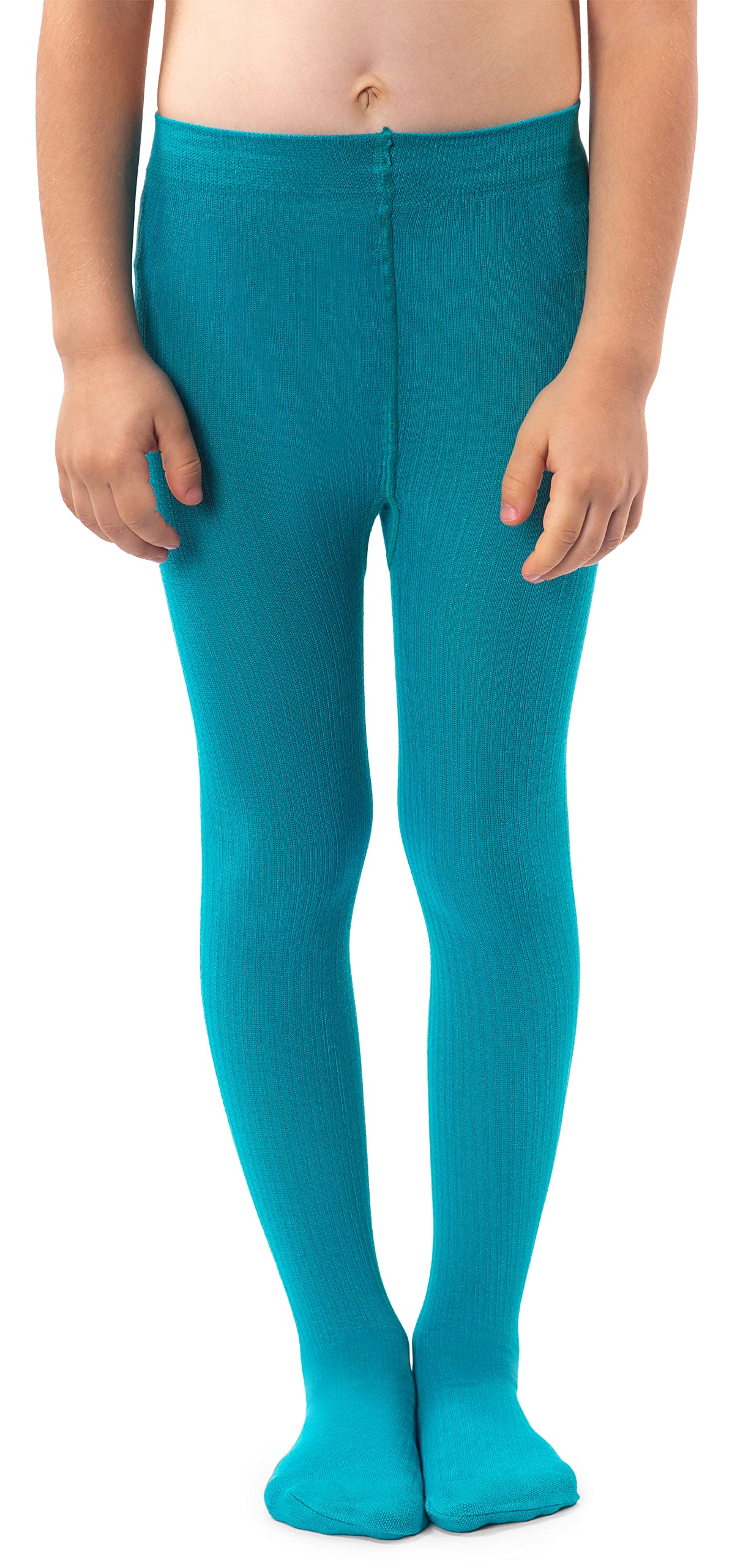 NOQ Girls Plain Knit Tights Footed Warm Opaque School Kid Stockings Ballet Dance Show Nursery, Lagoon 2/3 years