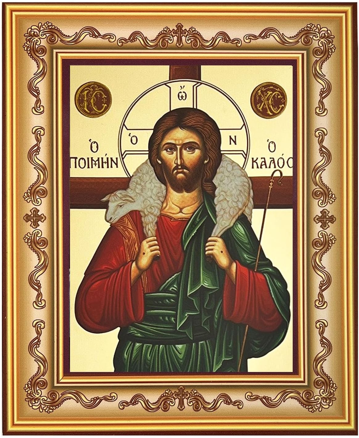 Needzo Christ The Good Shepherd Authentic Greek Orthodox Catholic Byzantine Icon Gold Framed Gold Foil - Wall Hanging and Standing 7 1/4 Inch, Religious Gift