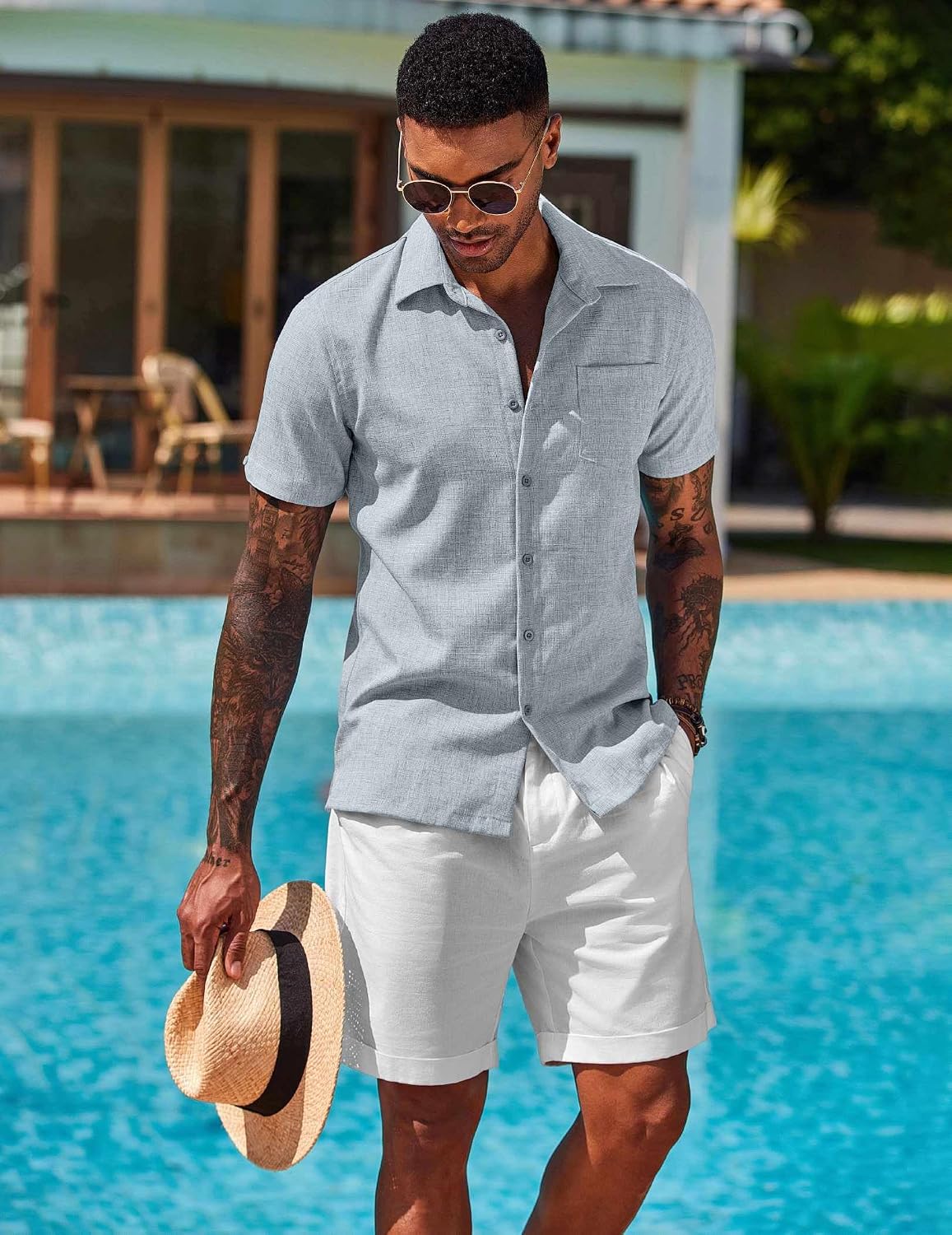 COOFANDY Men's Button Down Shirts Short Sleeve Casual Shirts Summer Beach Linen Shirts with Pocket image 3