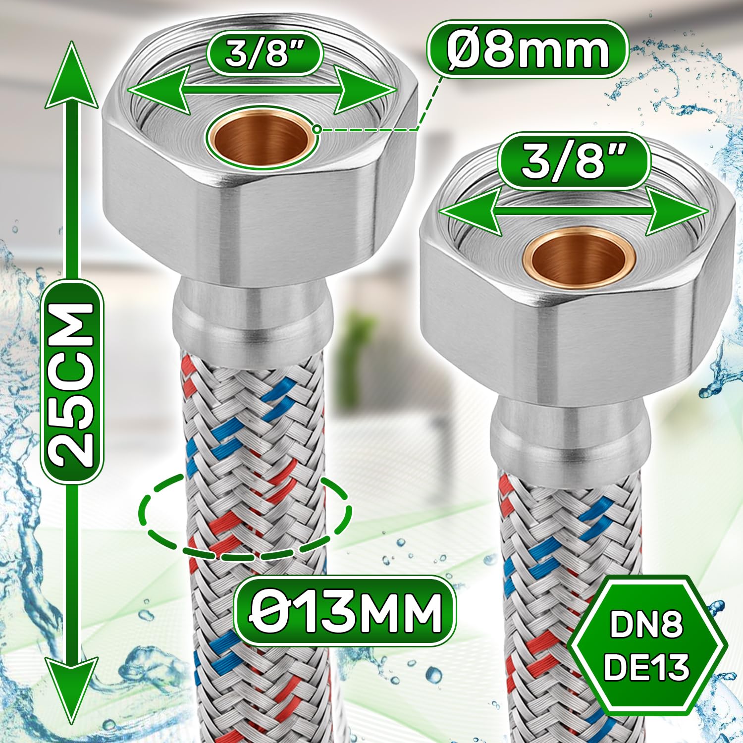Tubo Corazzato 25cm Femmina-Femmina 3/8”x3/8” DN8 DE13 Temperatura max 70°C | Tubo Flessibile Realizzato in Acciaio Inox Pressione di Esercizio 10 bar - Garanzia di 5 Anni - ONIX TECH