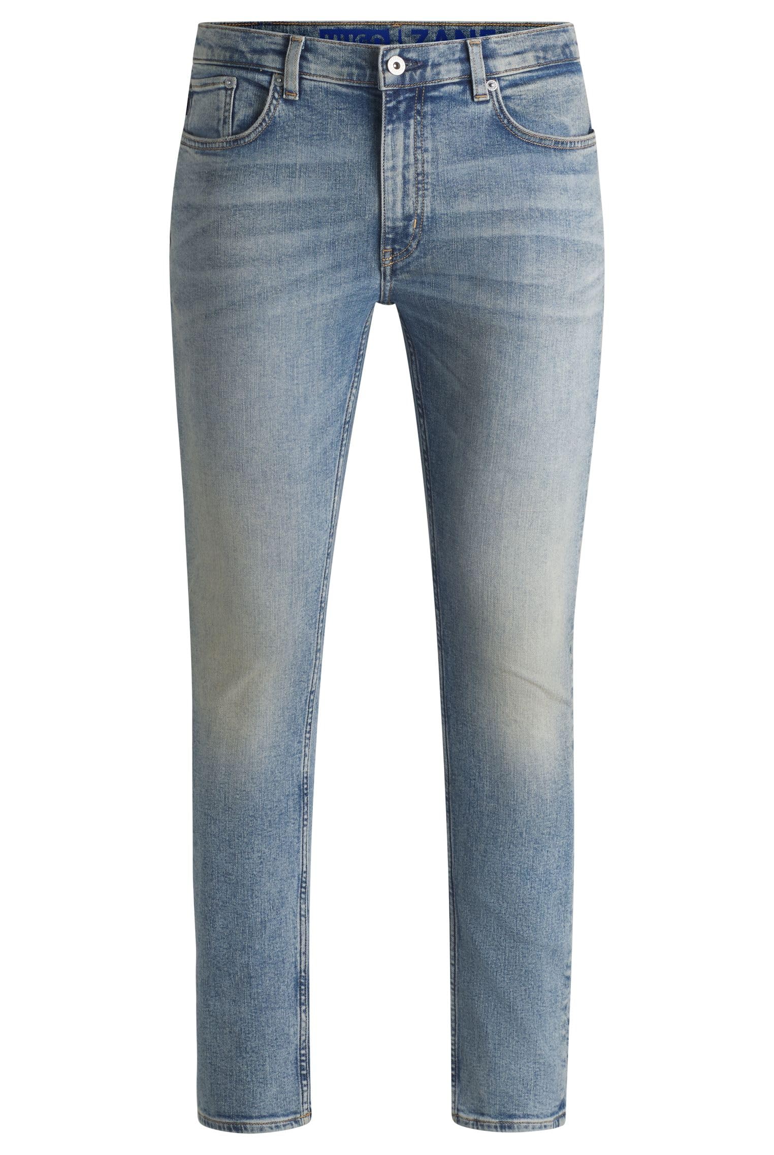 Hugo Men's Zane Extra Slim Fit Blue Stretch Denim Jeans with Stone Washed Finish, Bright Blue, 36 W/34 L