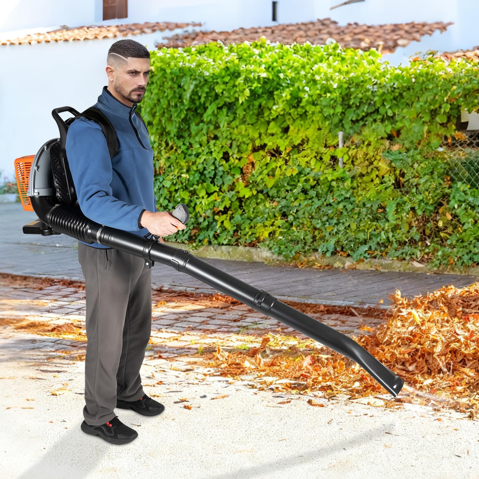 Soplador de hojas de gasolina de 2 tiempos de 63 cc, 2,7 kW, para obras y jardín | Depósito de 1,8 L, 6800 rpm, flujo de aire de 0,3 m³, encendido electrónico, silenciador ignífugo para jardín, obra y fábrica