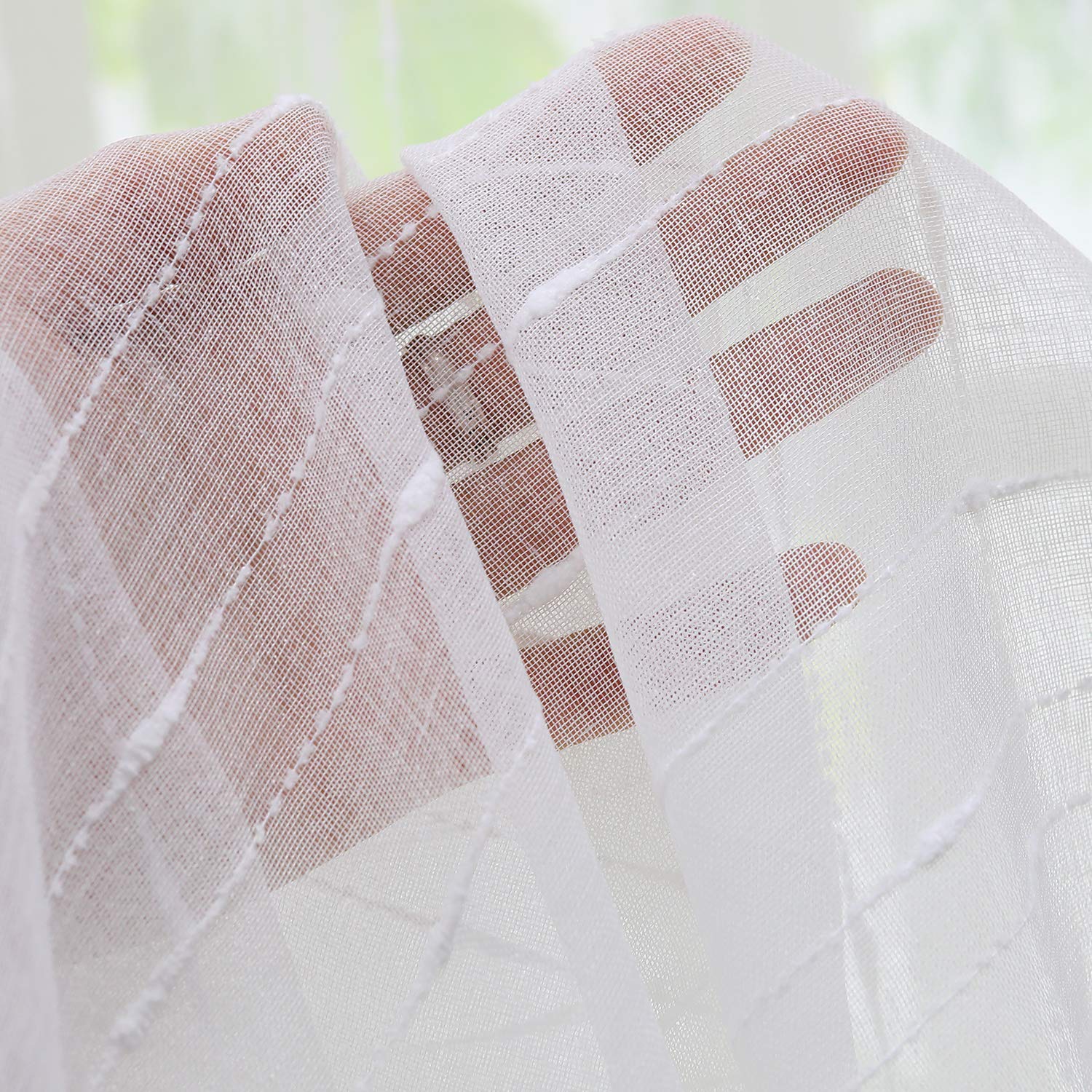 Delien Gardinen in Leinen-Optik Stores Gardine mit Streifen Muster Vorhänge Schlafzimmer transparent Vorhang Fensterschals mit Schlaufen, weiß (2er-Set, je 245x140cm)