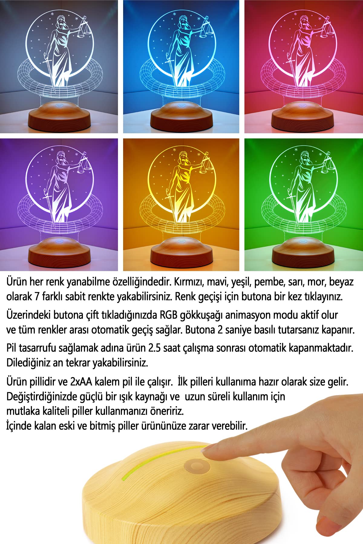 Avukat Hediyesi 3D Led Lamba, Avukatlar Günü Hediyesi - Kişiye Özel Adalet Sembolü Themis Masa Lambası Avukatlara
