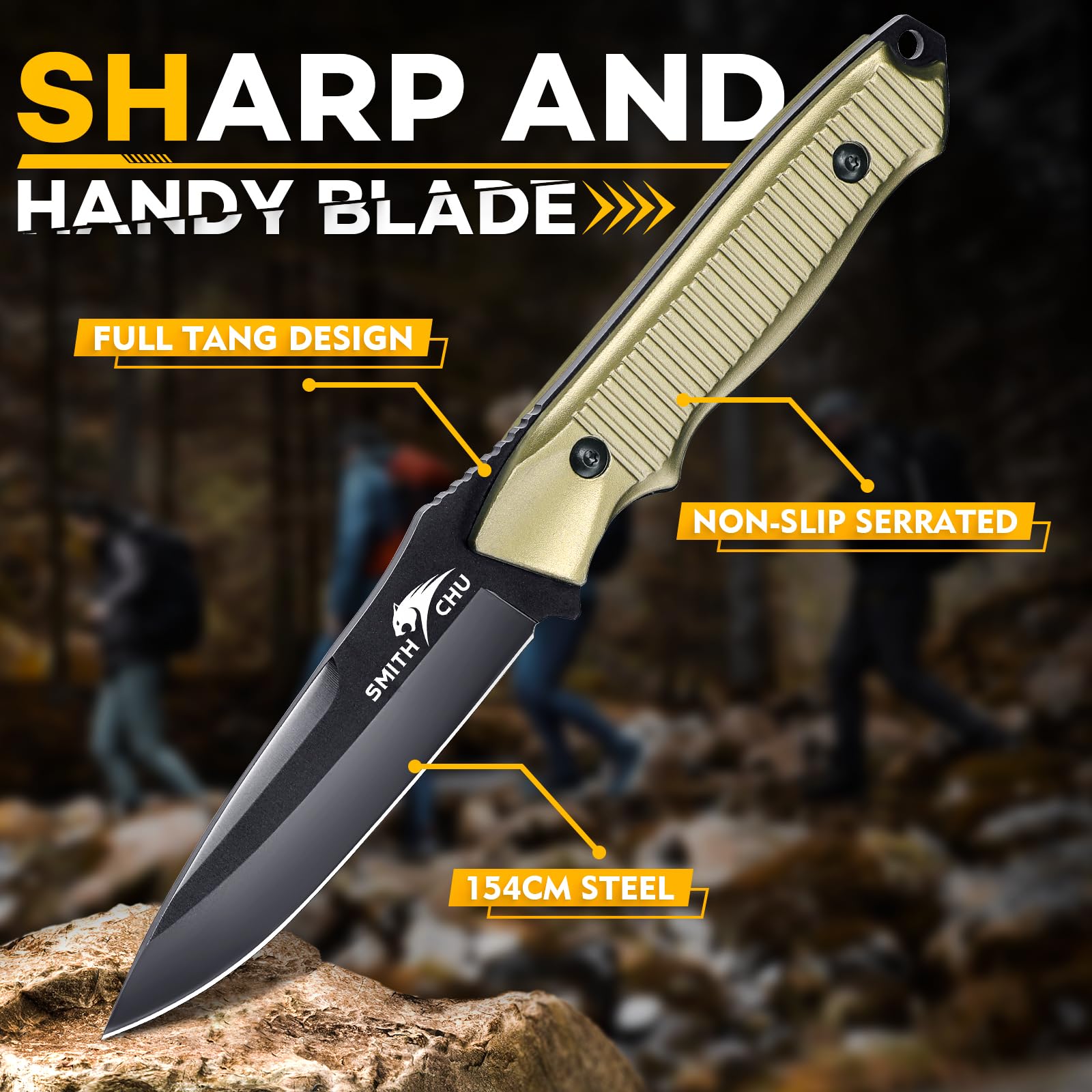 SMITH CHU Coltello da esterno con Paracord Coltello da sopravvivenza con fodero Coltello da caccia Full Tang Lama fissa Manico in lega Regalo per uomo