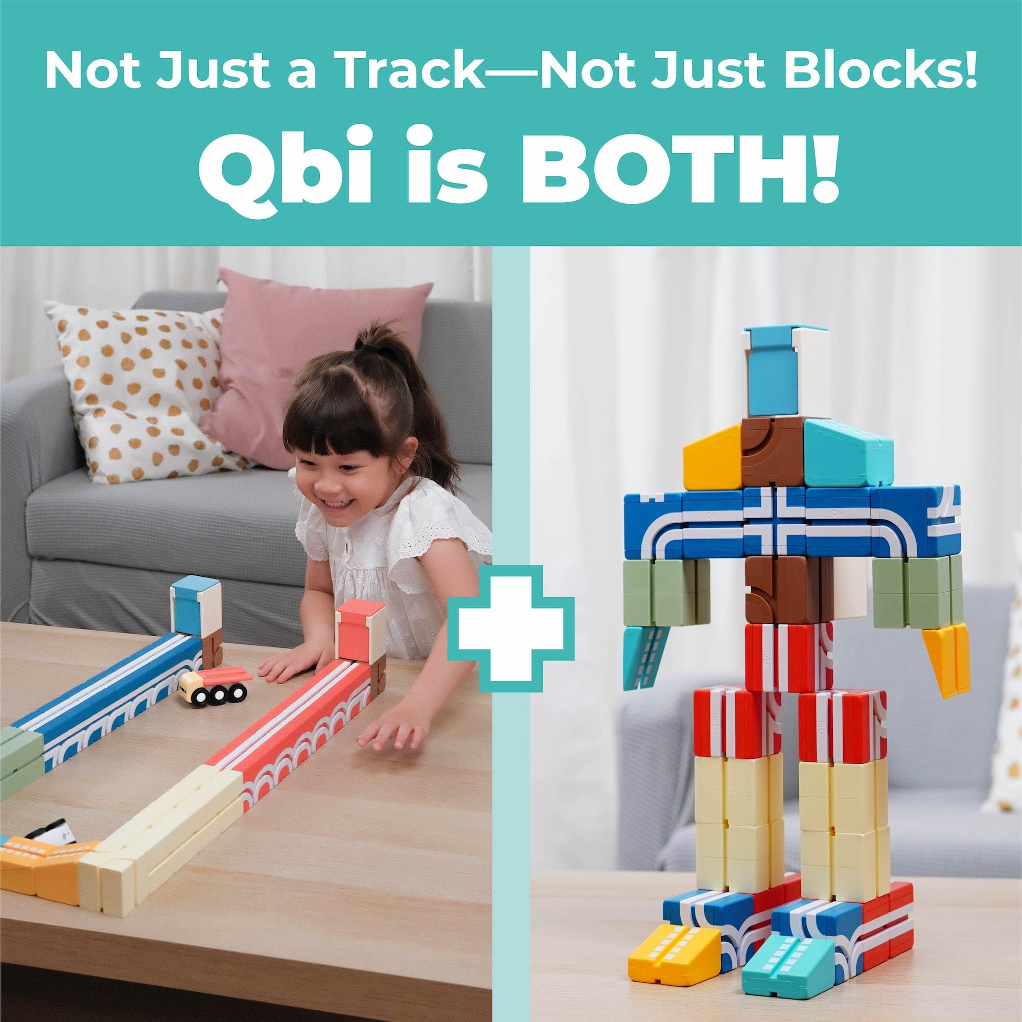 QBI Magnetische Blockschienen-Spiel-Starter-Set, 4-in-1 STEM-Bausteine mit 4 Autos und 3D-Tracks, pädagogisches sensorisches Magnetspielzeug, Vorschul-Montessori-Spielzeug für Kinder im Alter von 3, 4