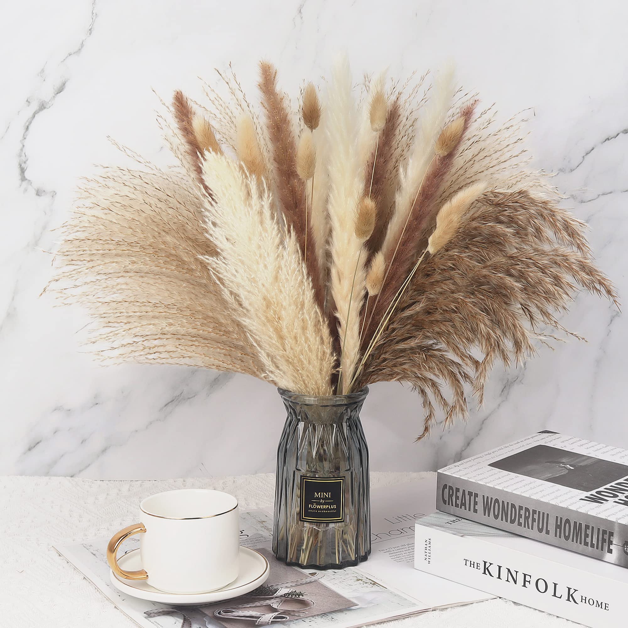 BUEPROS Natural Dried Pampas Grass Boho Decor Pampas Grass Decor Tall 65pcs Pompas Floral White Pampas for Home Decor Wedding Decor and Flower Arrangement 17 Inches High