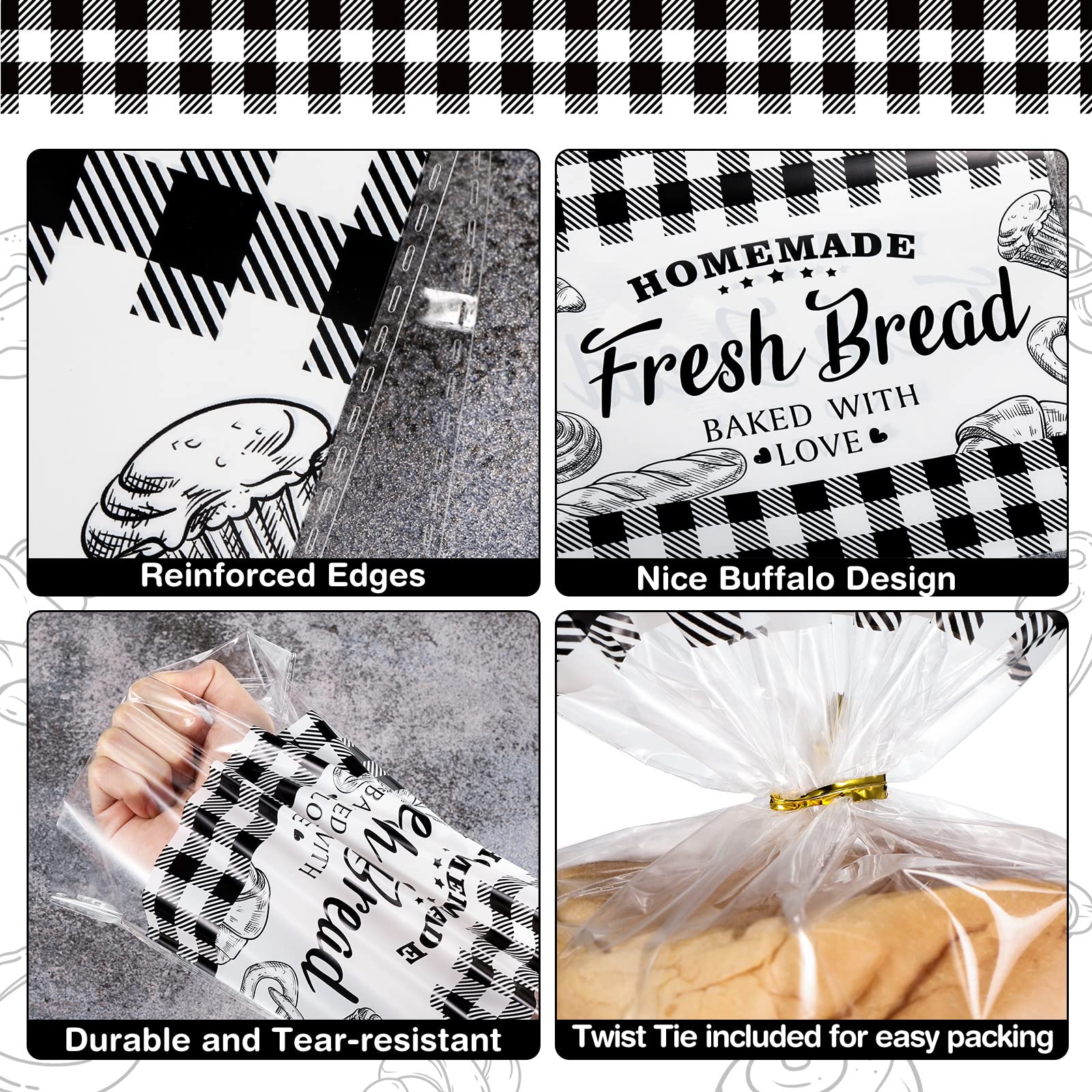 100 bolsas de pan caseras con lazos, bolsas de pan a cuadros negros de búfalo negro, almacenamiento de regalo transparente para el hogar, panadería, panadería, Navidad, 10 x 20 pulgadas 3
