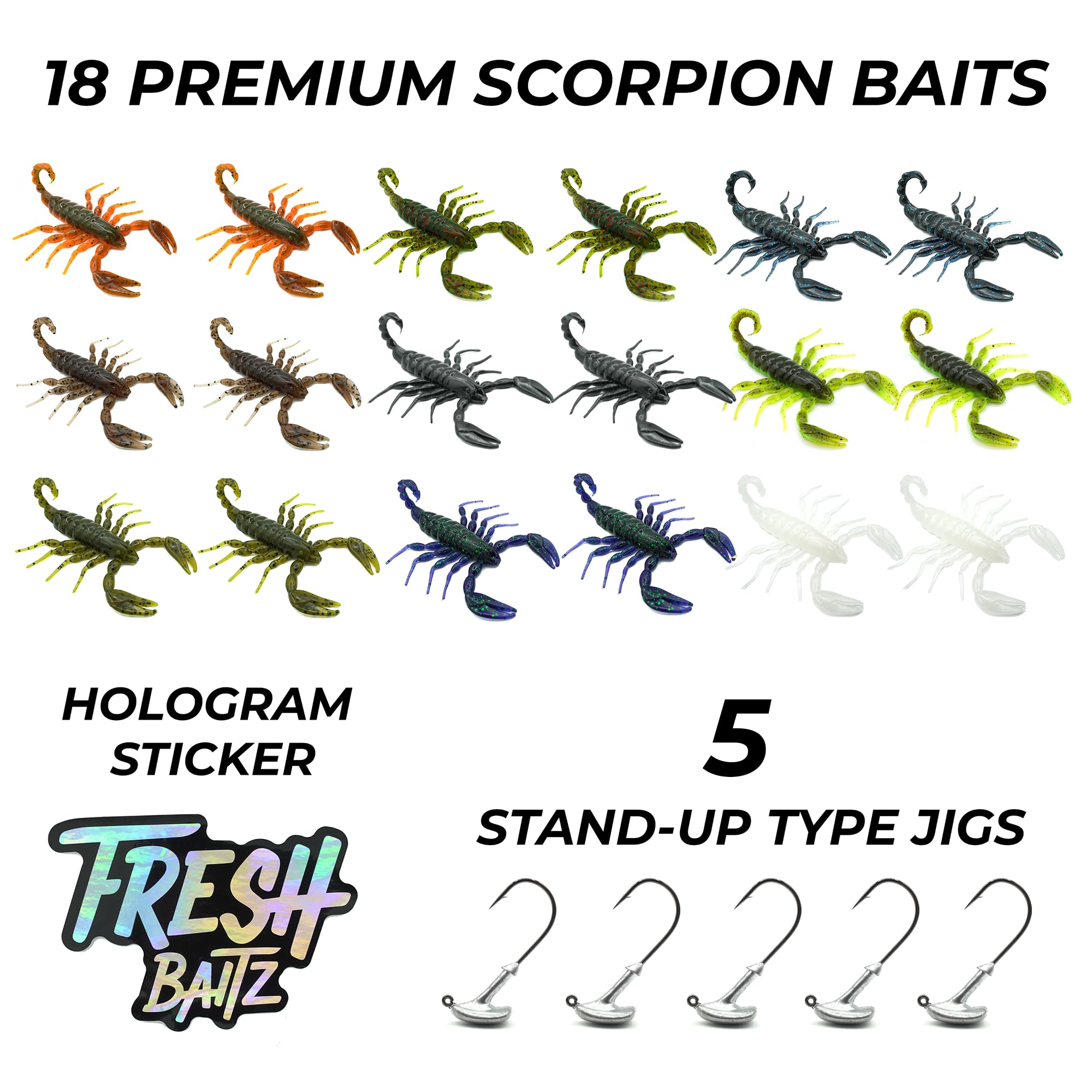 FRESHBAITZ Scorpion Sampler Kit | Señuelos de pesca de plástico suave para boca grande de agua dulce y lubina de boca pequeña, paquete de aparejos de pesca
