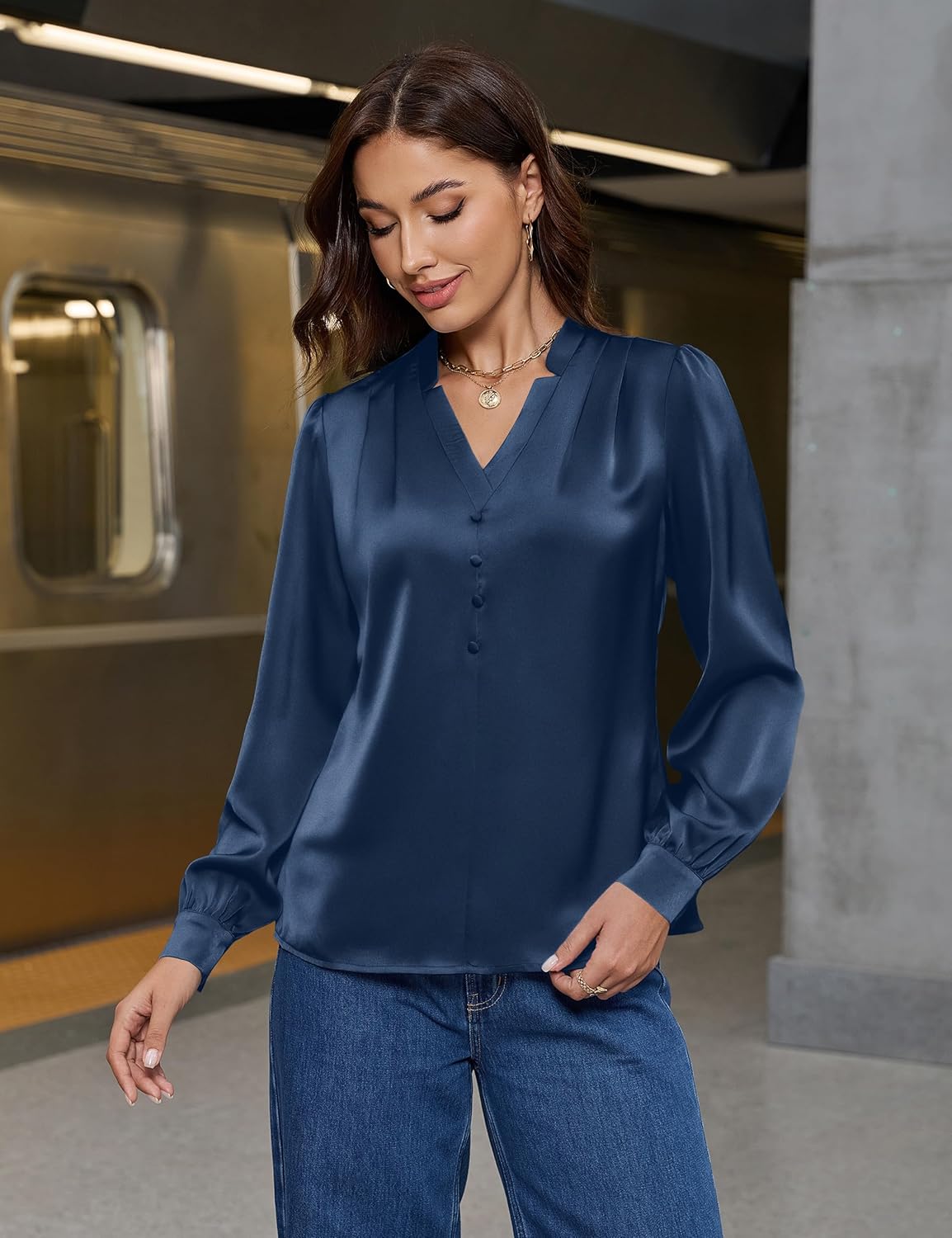 Blooming Jelly Womens Business Casual Tops Dressy Work Long Sleeve Shirts V Neck Silk Satin Blouses Cute Fall Outfits - Image 3