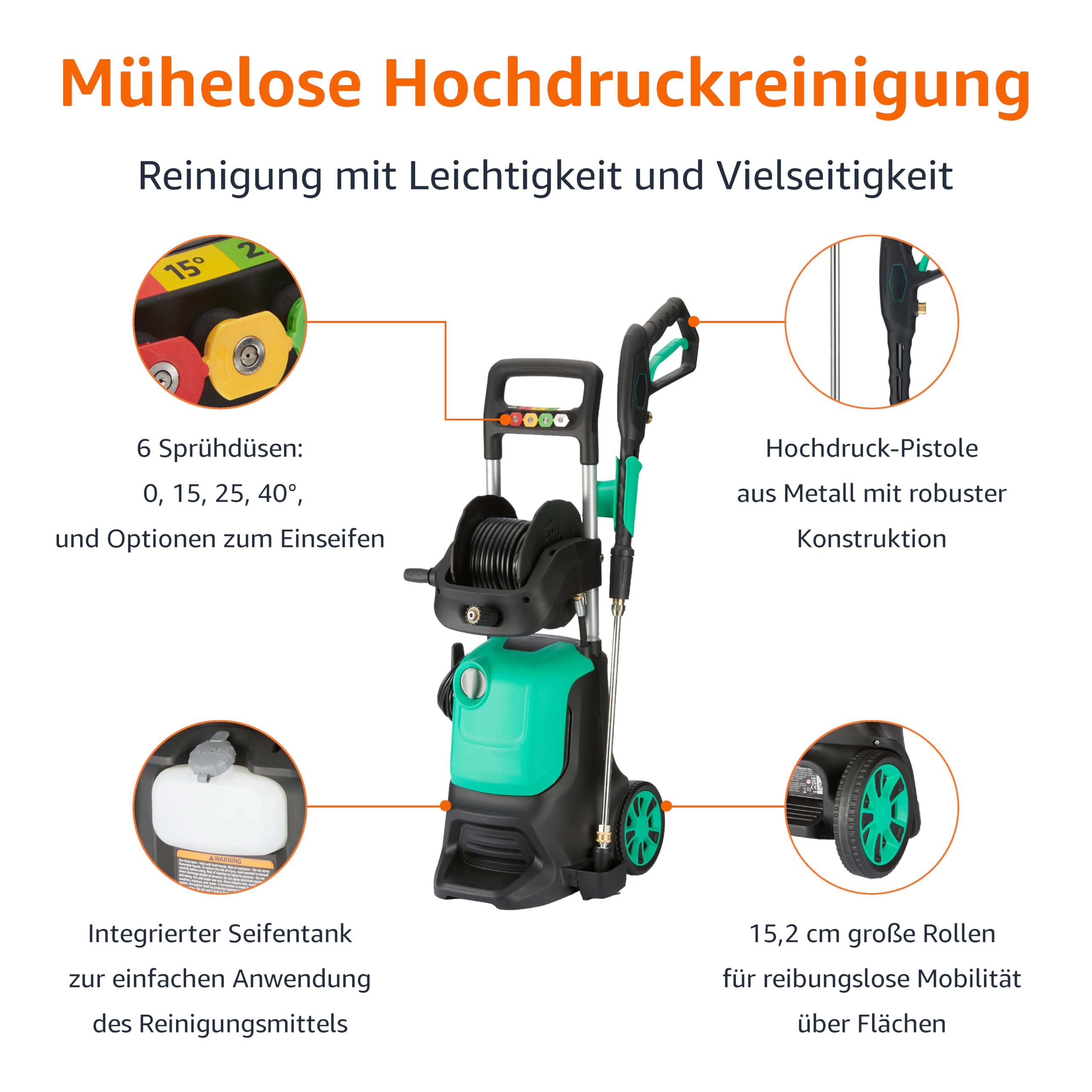 Amazon Basics Hochdruckreiniger mit Kabel, 2200 W, max. 145 bar, max Durchflussmenge: 500 l/h, grün