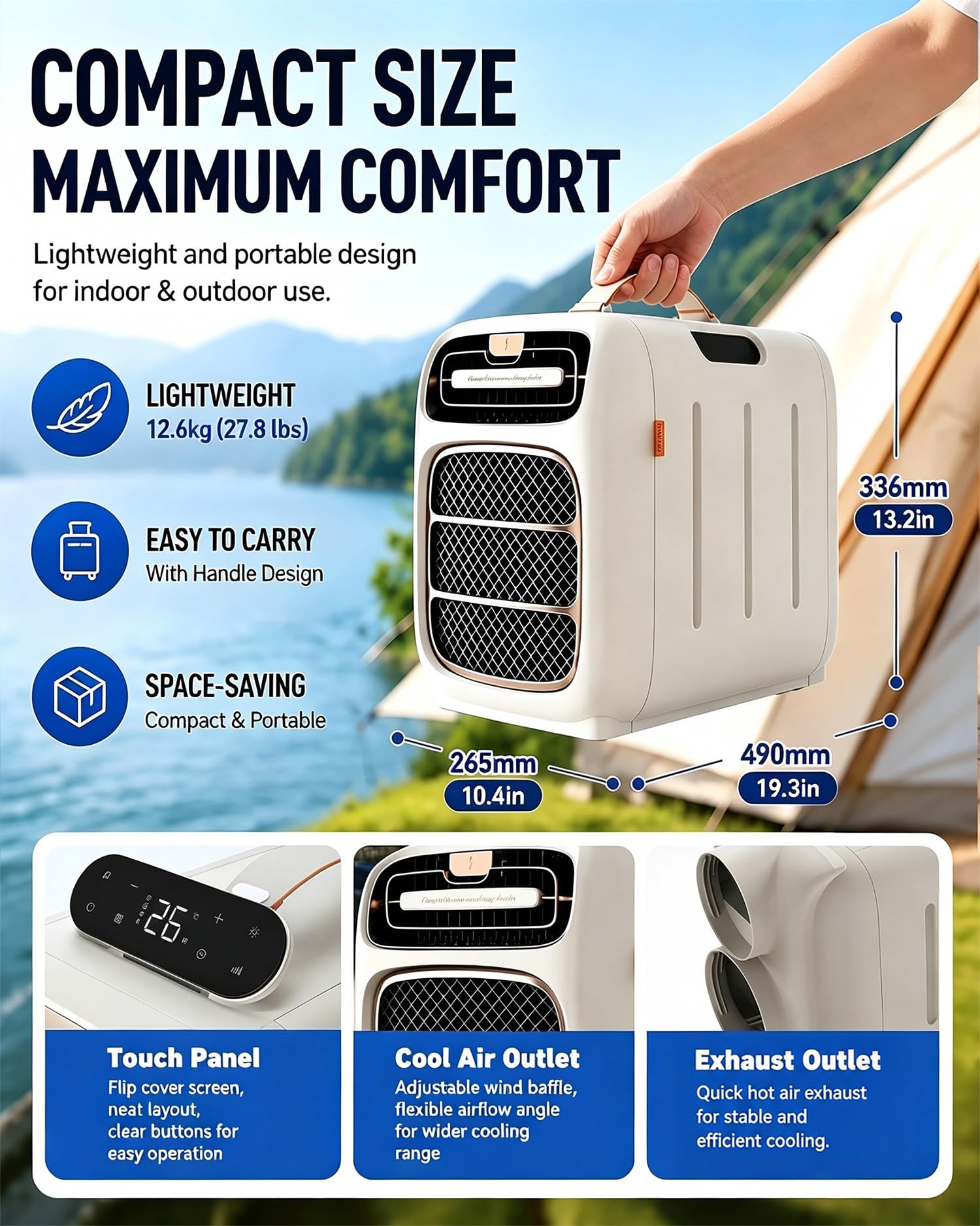 Aire Acondicionado Portátil de Doble Manguera de 4800 BTU y 220 V | 4 en 1: refrigeración, deshumidificación, ventilador y modo nocturno, para RV, camper, tienda, oficina y espacios pequeños