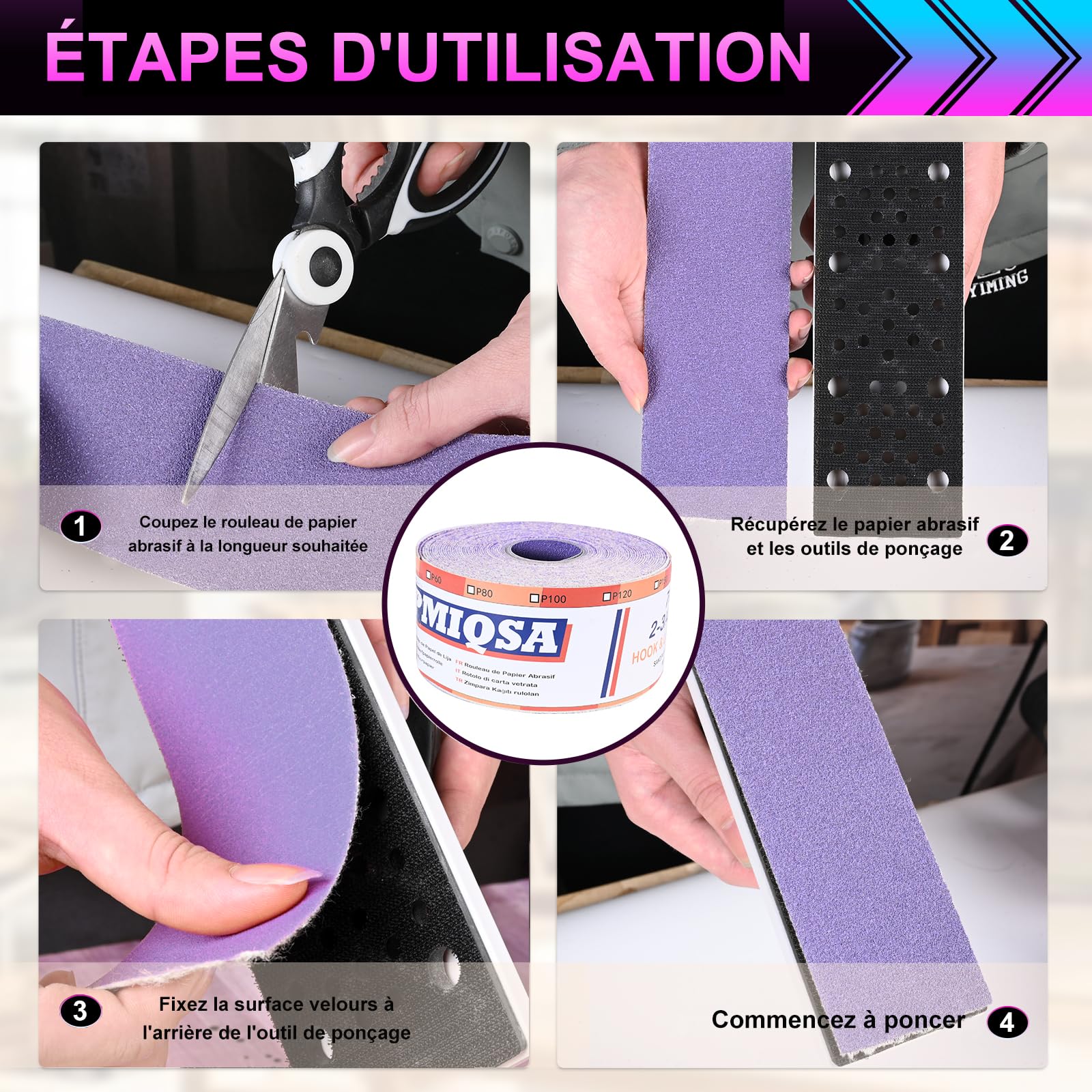 Rouleau de Papier de Verre Céramique Violet 70 mm x 12 m, Grain 80 | Rouleau De Papier Abrasif Auto-Agrippant pour Le Bois, Le MéTal, La Peinture, Le PlâTre pour Ponceuses Vibrantes et Manuelles