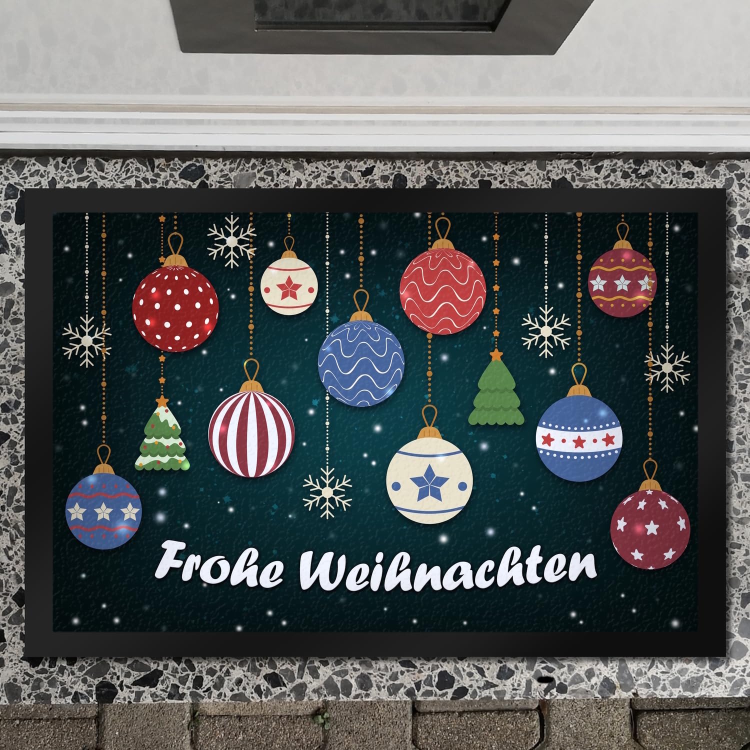 trendaffe - Frohe Weihnachten Fußmatte XXL mit Christbaumkugeln Motiv