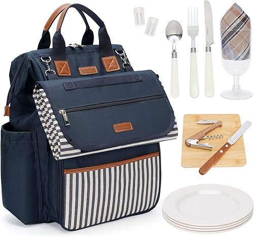 HappyPicnic Mochila de picnic para 4, amplia apertura con compartimento aislado de gran capacidad, platos de 9 pulgadas, cubiertos con mango de