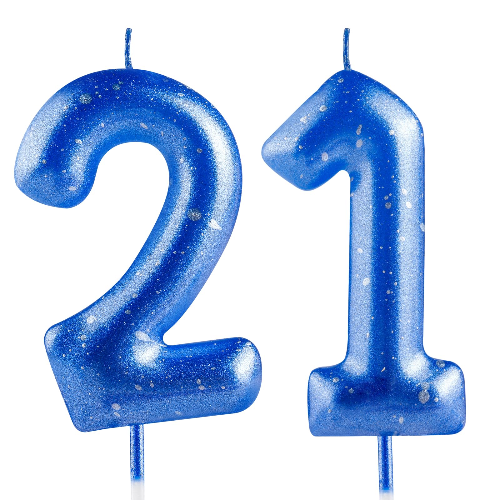 Hongplus Blue Silver Number 21 Candles, Birthday Cake Topper Decorations for Men Women Him, 21st Party Supplies Favor Gift