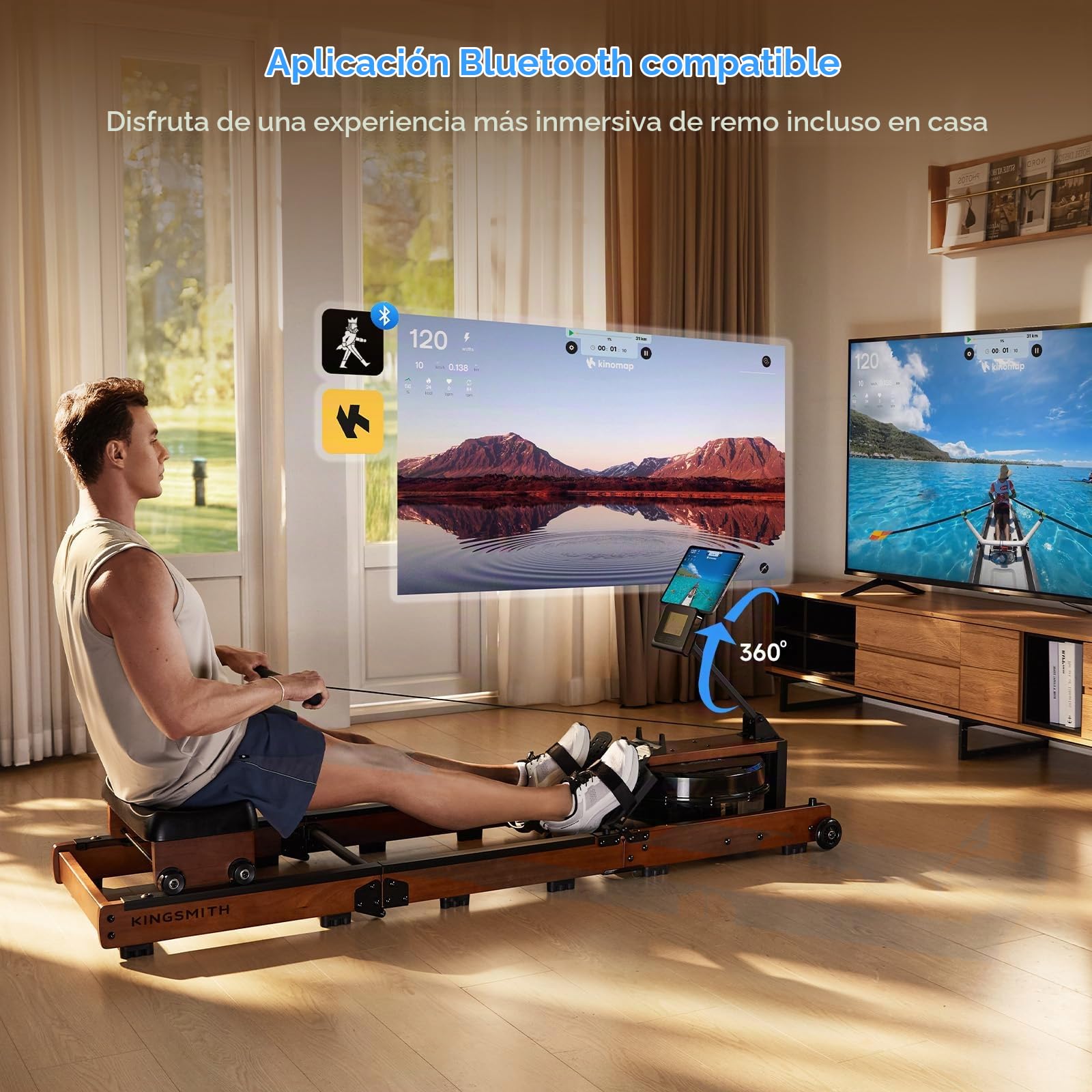 Maquina de Remo para Casa, Máquina de Remo Resistente al Agua con Ajuste de 5 Niveles, Máquina de Remo Triple Plegable, Capacidad de Peso de 180 kg con Monitor LED, Noces Compatibles con la Aplicación