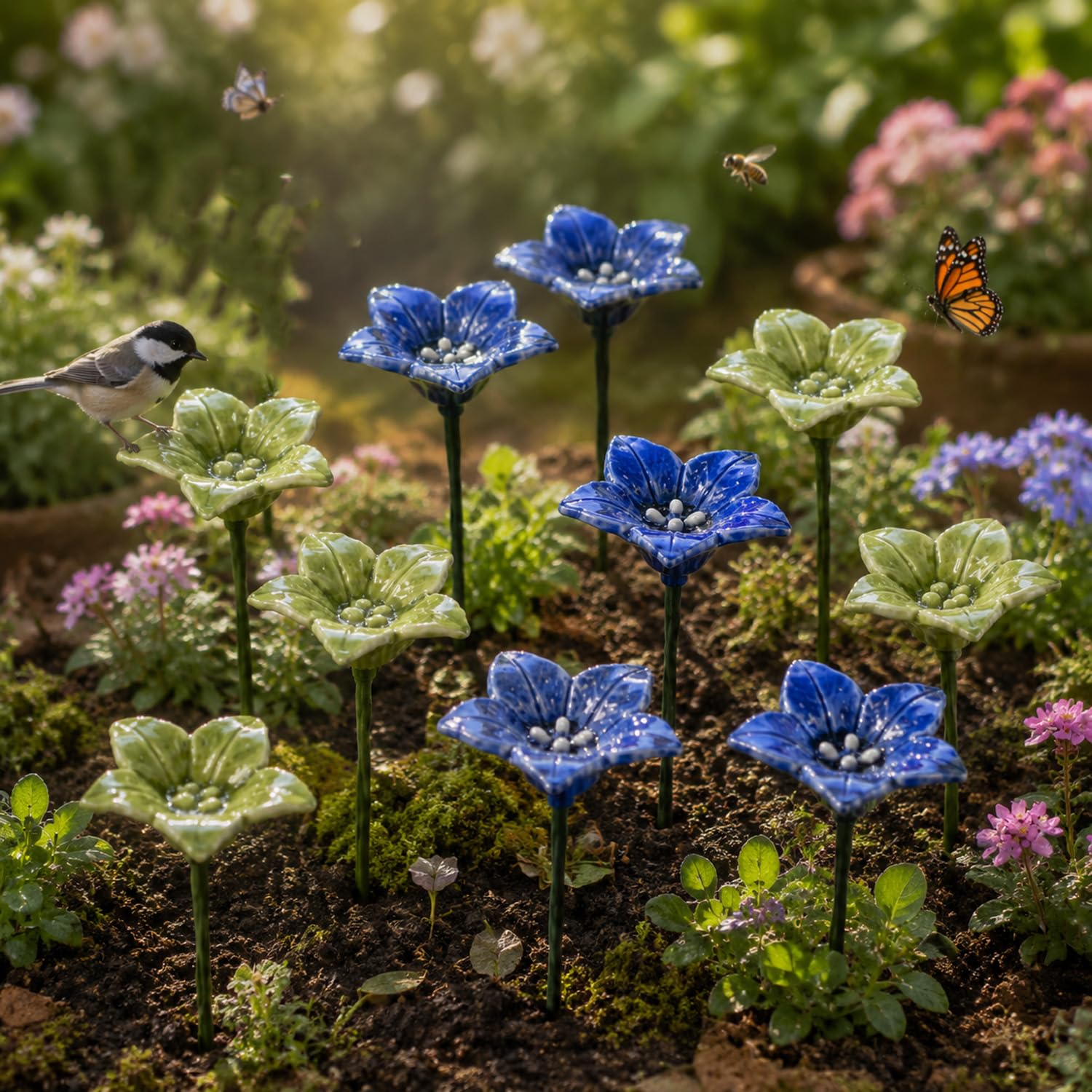 Ceramic Flower Pollinator Water Feeders, Outdoor Garden Stakes for Bees, Butterflies and Hummingbirds, Weather-Resistant Garden Decor for Pollinators (10 flowers combination)