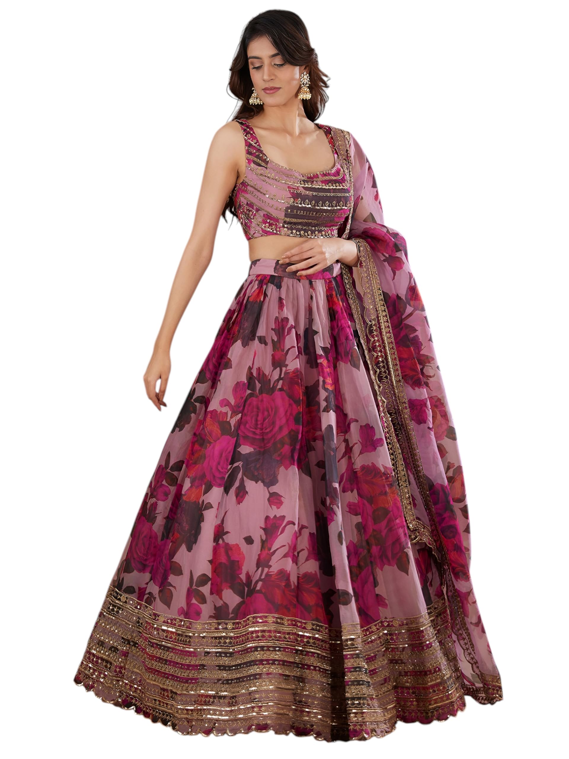 Women's Organza Semi-stitched Print and Sequins Embroidered Lehenga Choli With Dupatta (7067-Pink--Lehenga-Choli-Latest, Free size) (Pink)-image-17