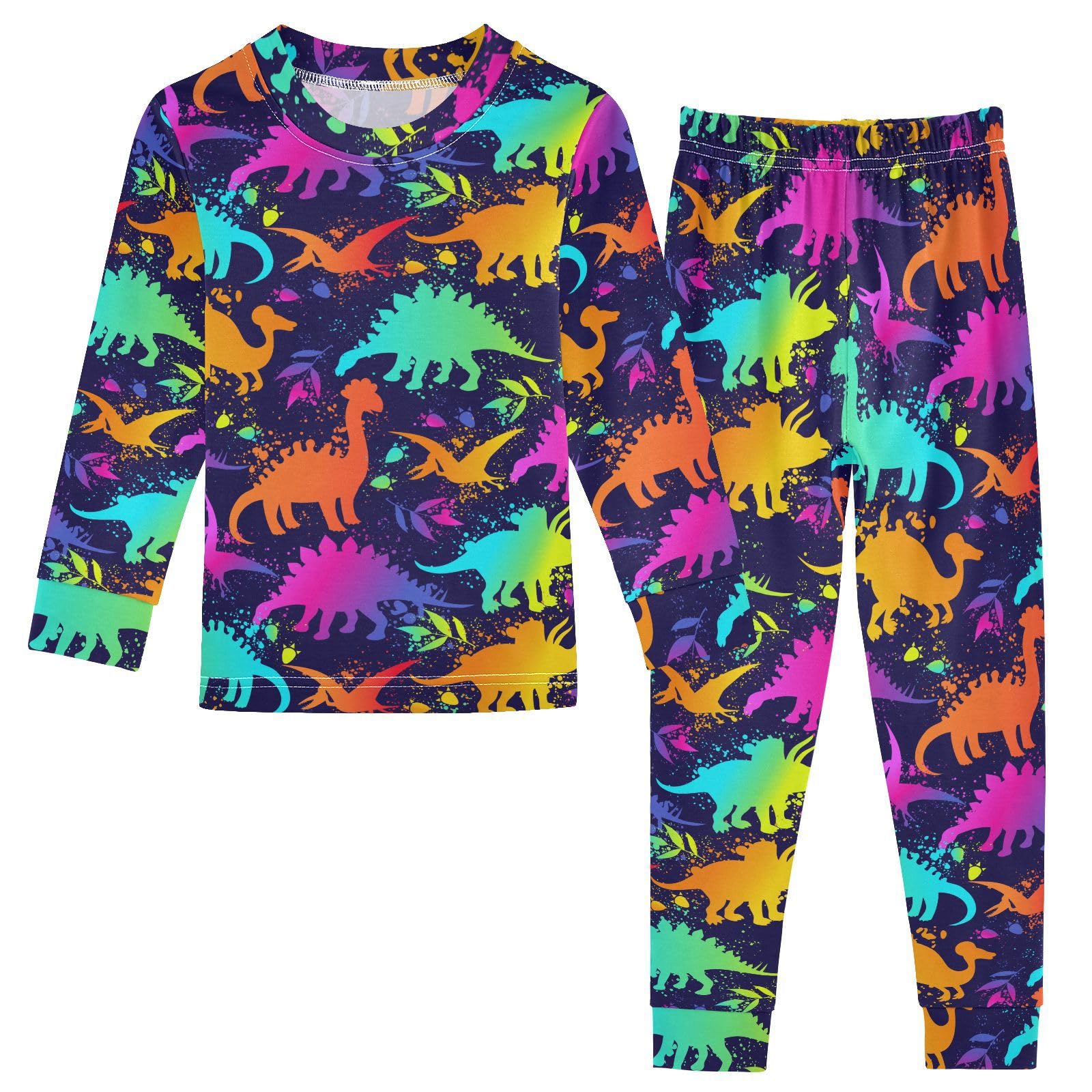 JHKKU Bright Neon Dinosaurs Pajamas Set Cotton 2 Piece Soft Comfy Pjs Long Sleeve Lounge Sleepwear 18M